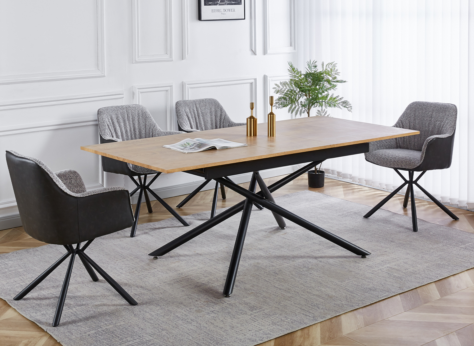 Lot de 2 chaises avec accoudoir tissu bouclette et simili cuir gris PIRO