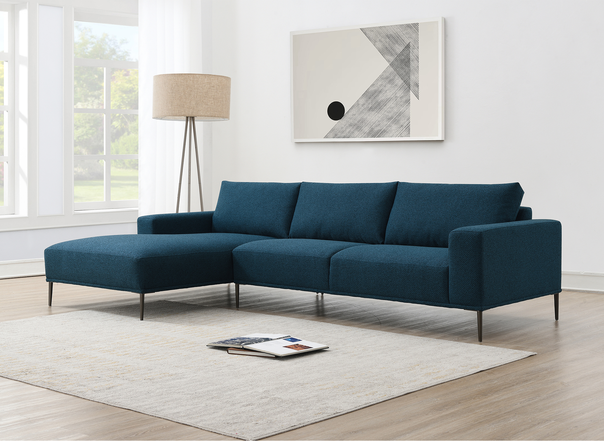 Canapé d'angle avec méridienne en tissu bleu ARNOLD - Angle Gauche