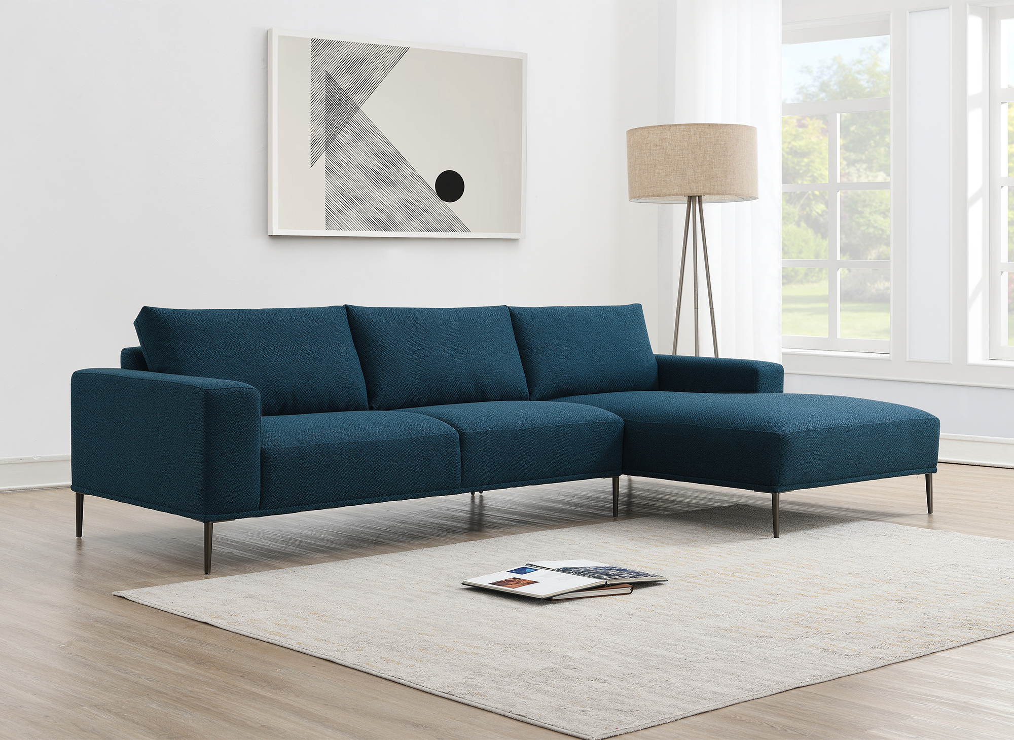 Canapé d'angle avec méridienne en tissu bleu ARNOLD - Angle Droit