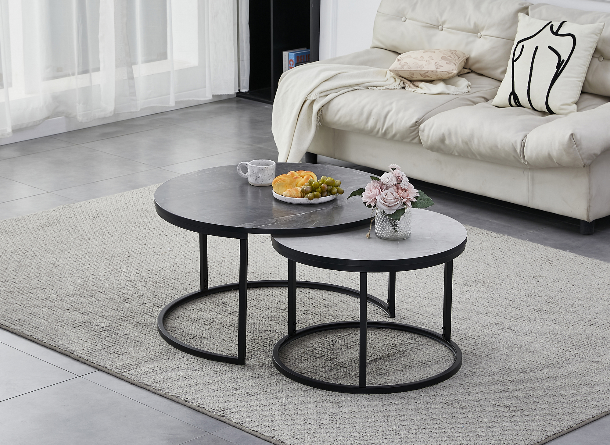 Lot de 2 tables basses rondes gigognes effet marbre DORINE