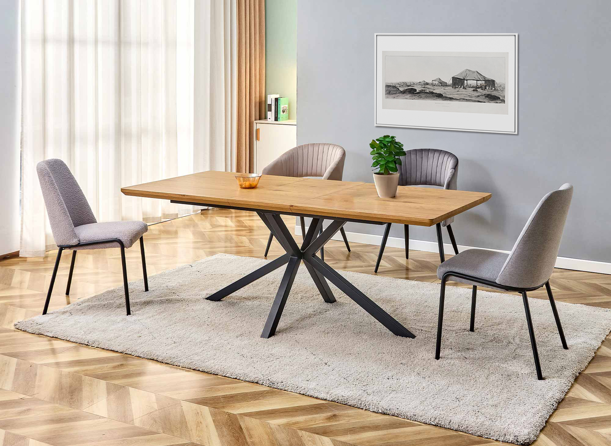 Table à manger rectangulaire extensible en bois et métal noir MIKADO