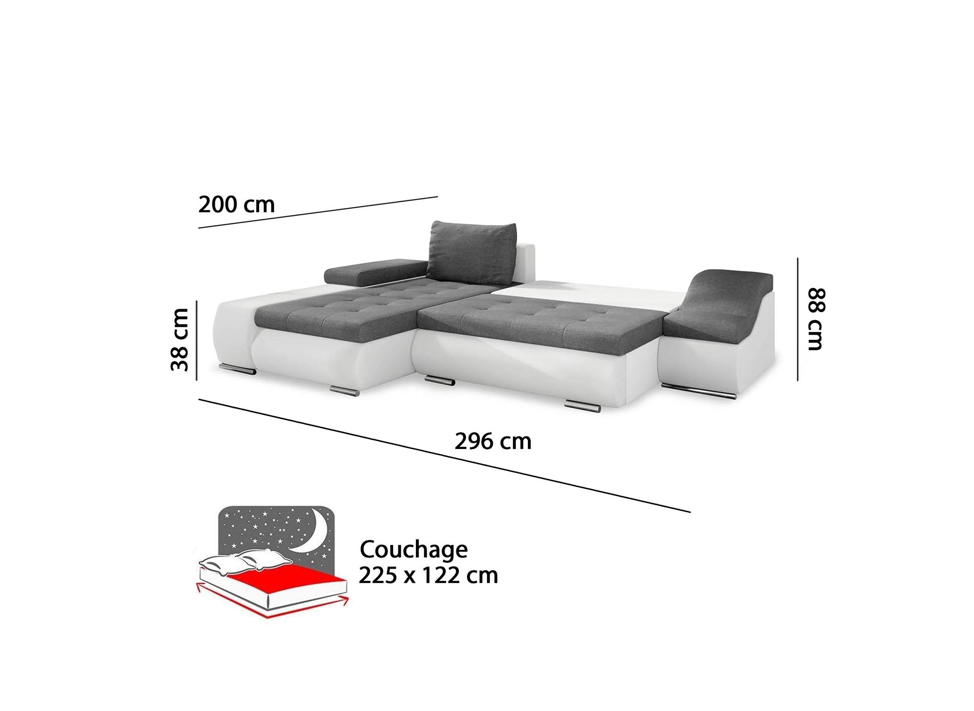 Canape D Angle Convertible Coffre De Rangement En Tissu Gris Et Simili Blanc Volga Angle Gauche