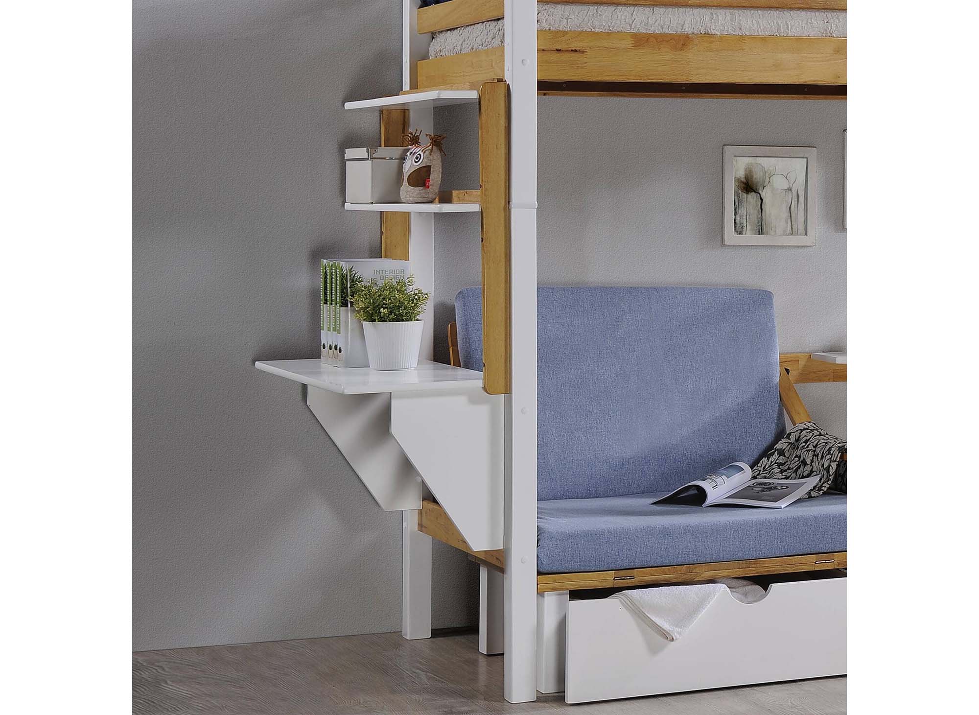 Lit mezzanine 90x190 cm avec bureau chauffeuse et rangements en bois et blanc ARMAND