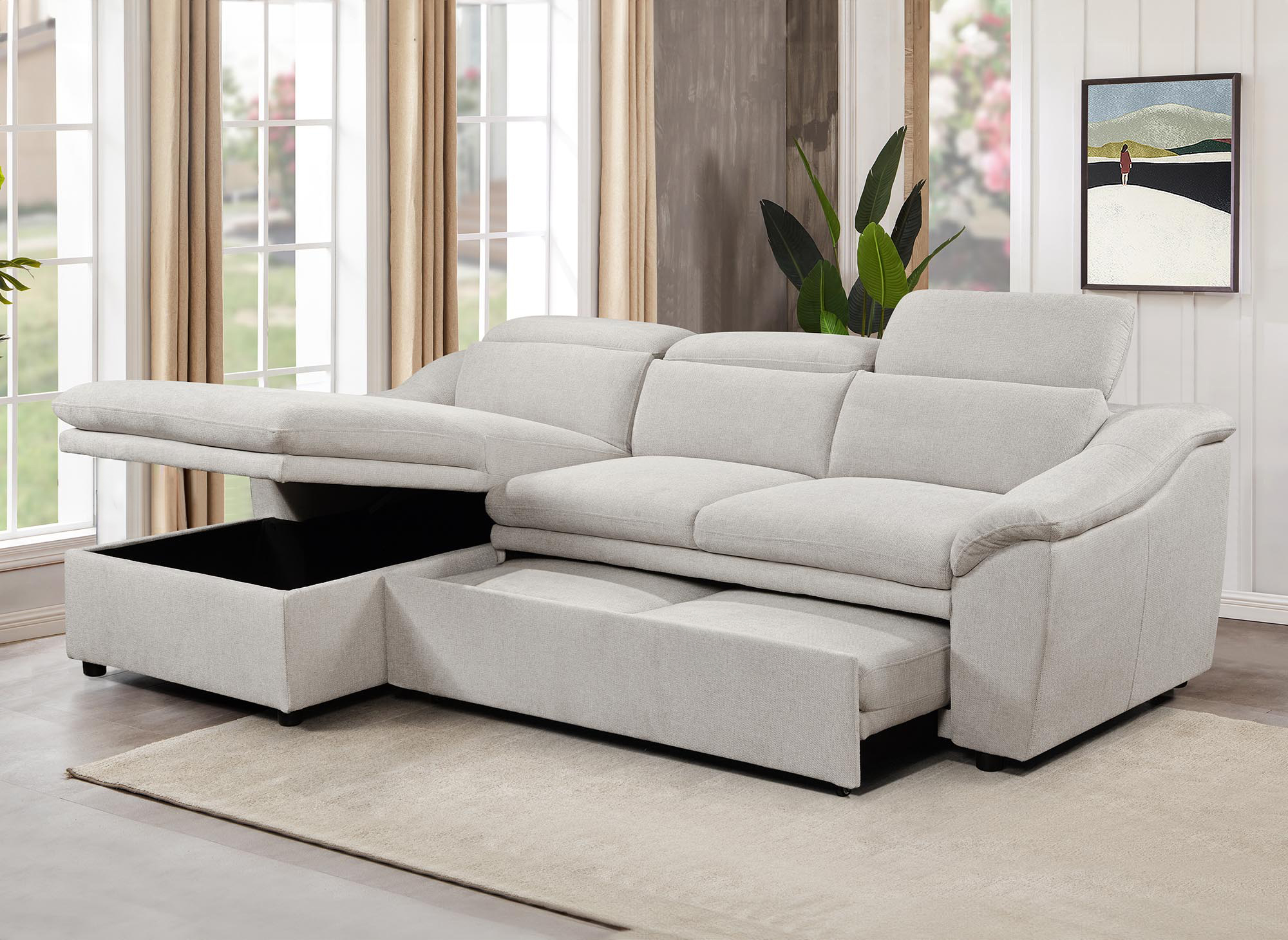 Canapé d’angle convertible avec coffre de rangement en tissu beige DITA – Angle gauche
