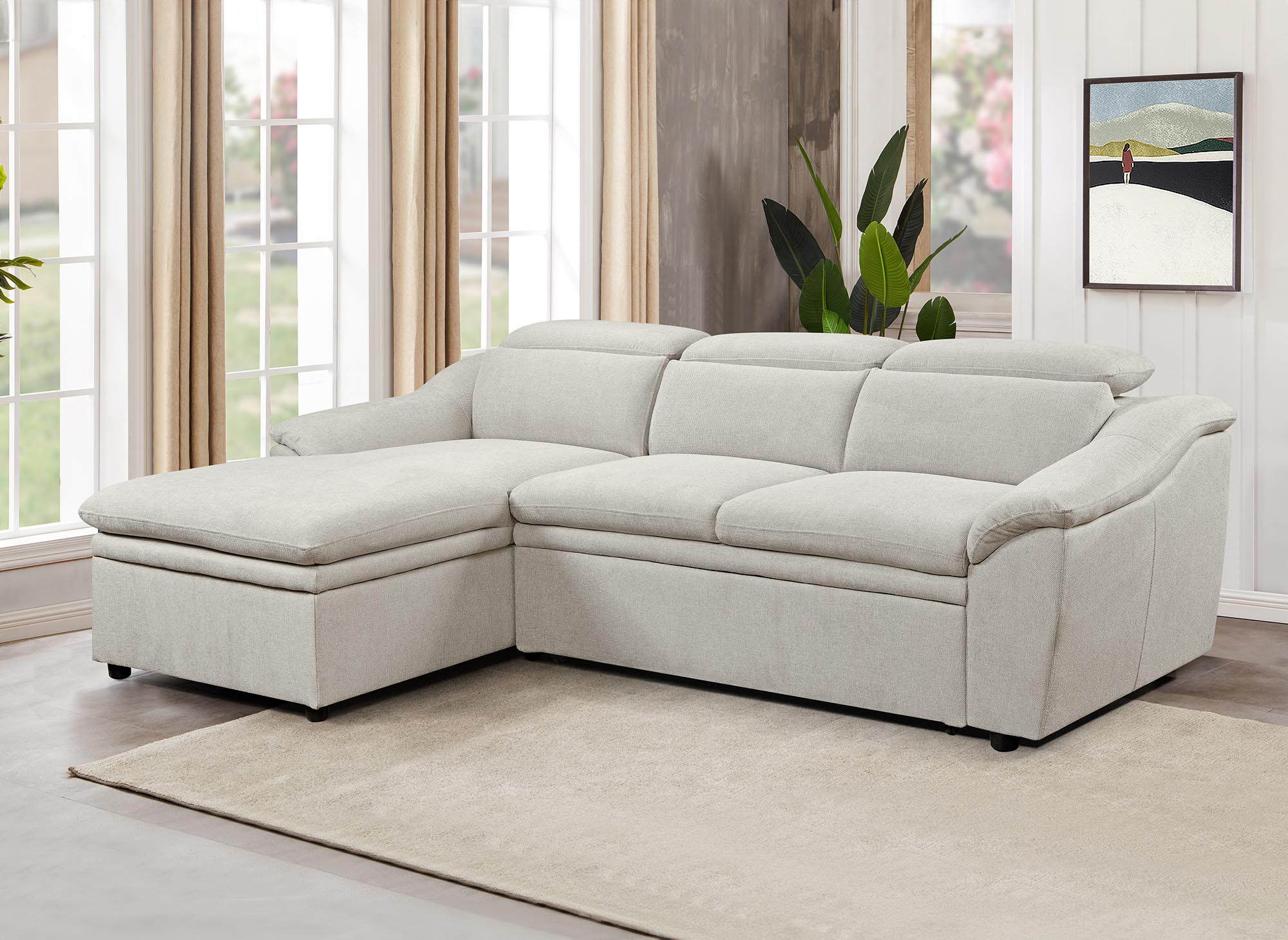 Canapé d’angle convertible avec coffre de rangement en tissu beige DITA – Angle gauche