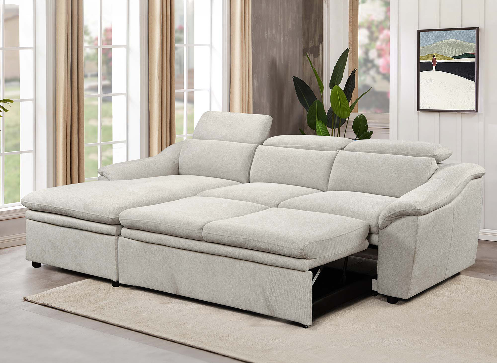Canapé d’angle convertible avec coffre de rangement en tissu beige DITA – Angle gauche