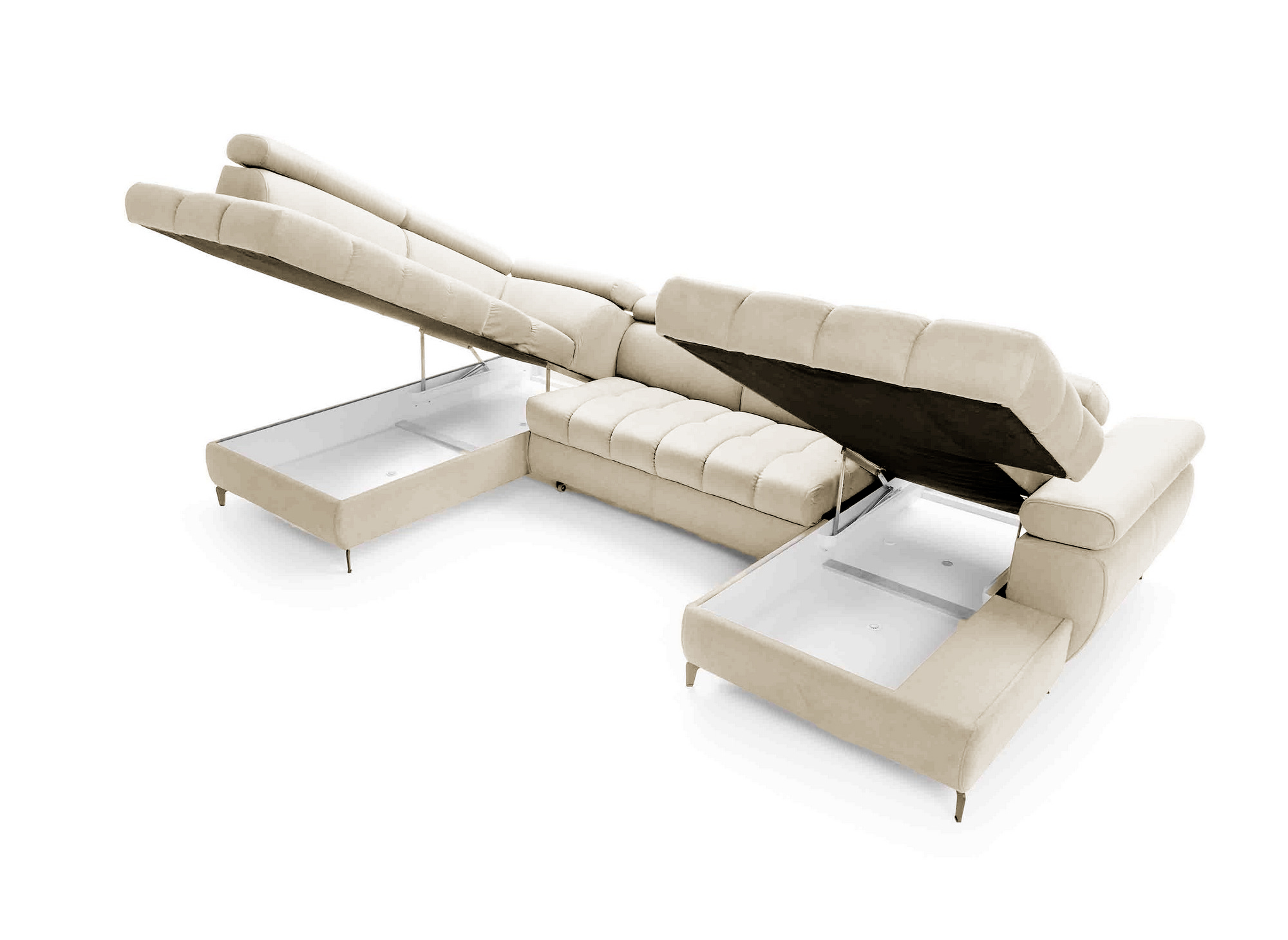 Canapé panoramique convertible matelassé avec coffre en tissu beige LUCIANO - Angle droit