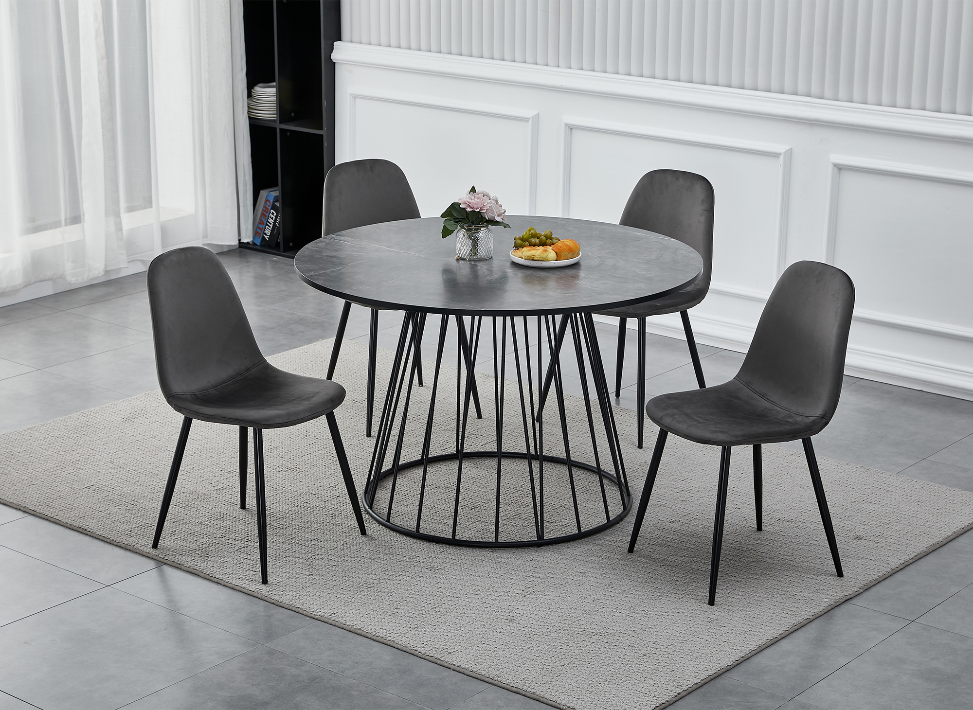 Table à manger ronde effet marbre gris pied en métal noir STELLA