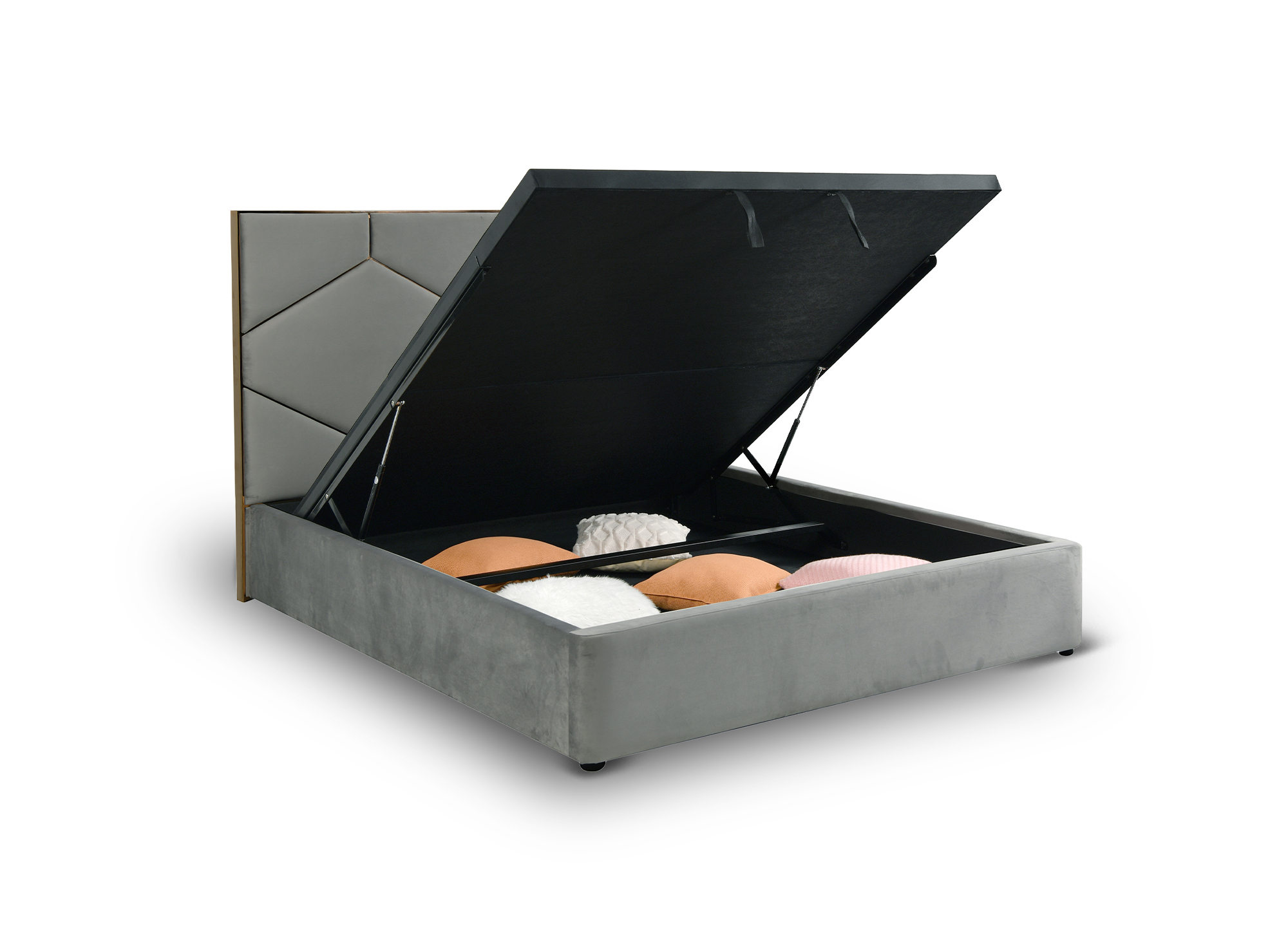Lit coffre avec tête de lit design en velours gris LARA 160 x 200 cm