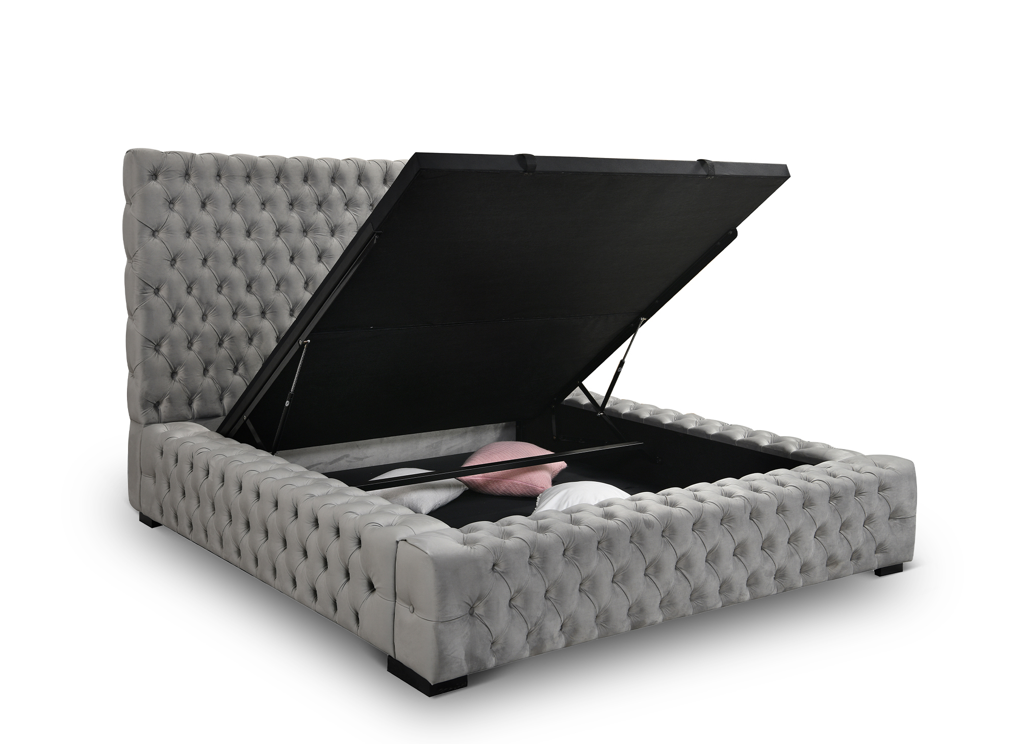 Lit coffre capitonné en velours gris IDALINE 160 x 200 cm