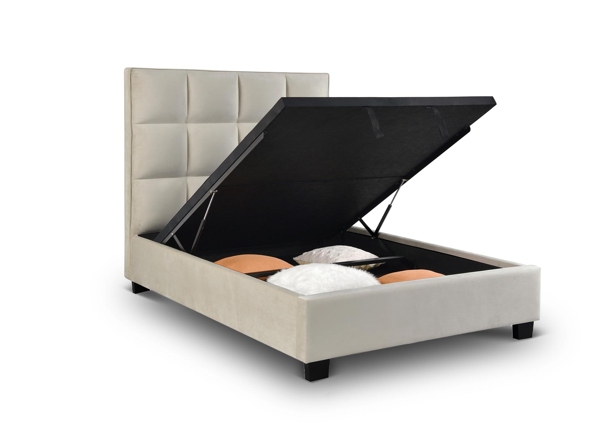 Lit coffre en velours beige design CAROLINE 140 x 190 cm