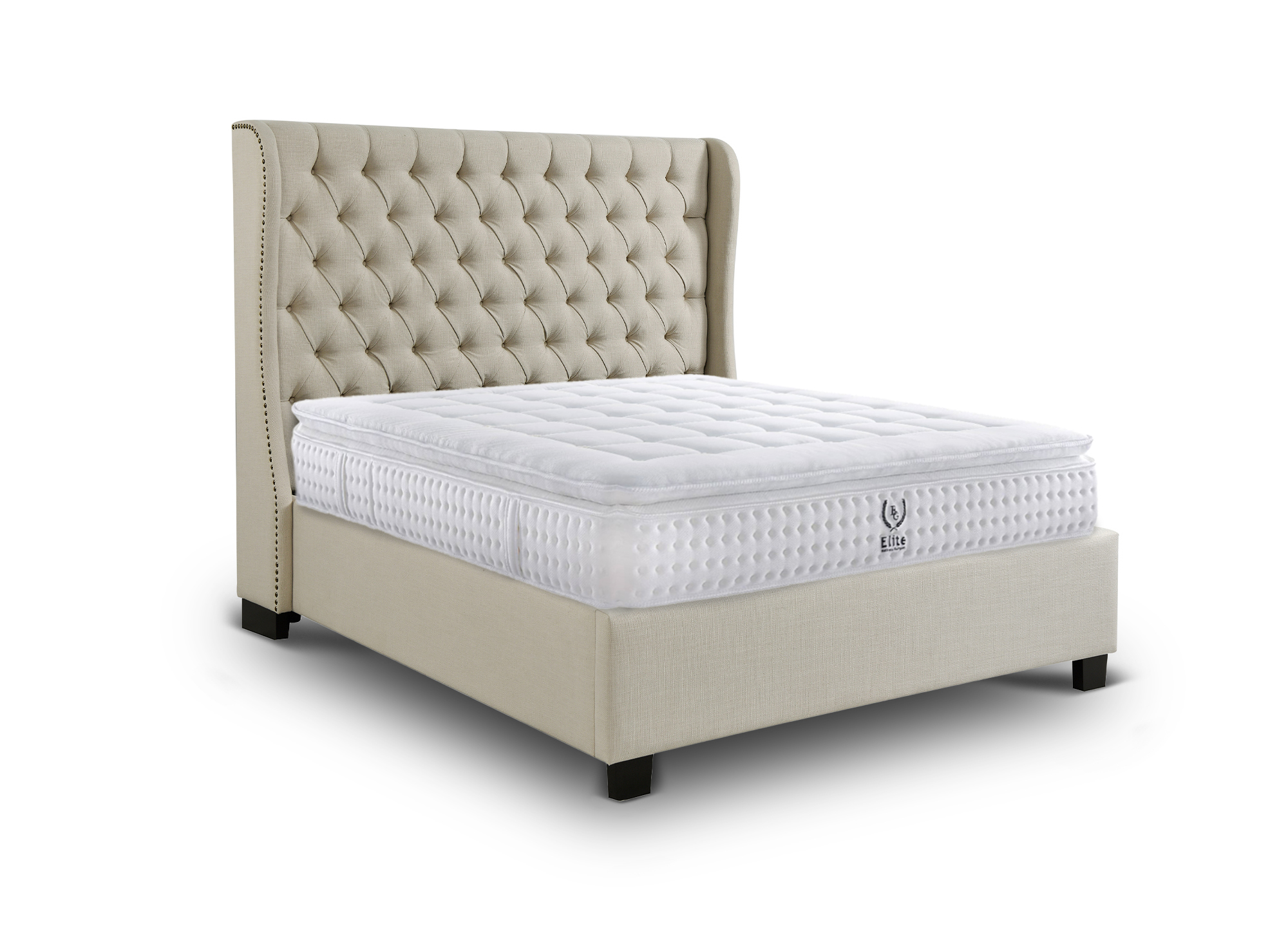 Lit coffre capitonné en tissu lin beige FLORINE 180 x 200 cm