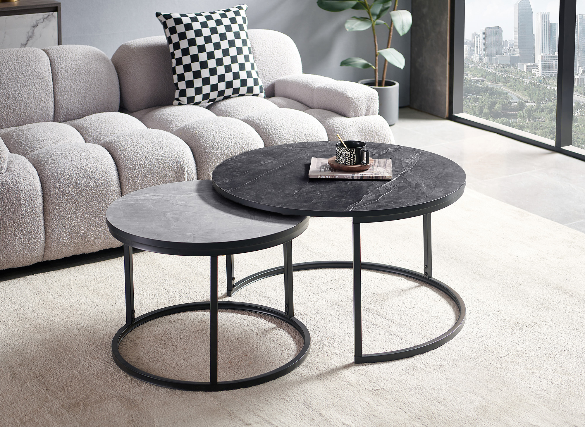 Lot de 2 tables basses rondes gigognes effet marbre DORINE