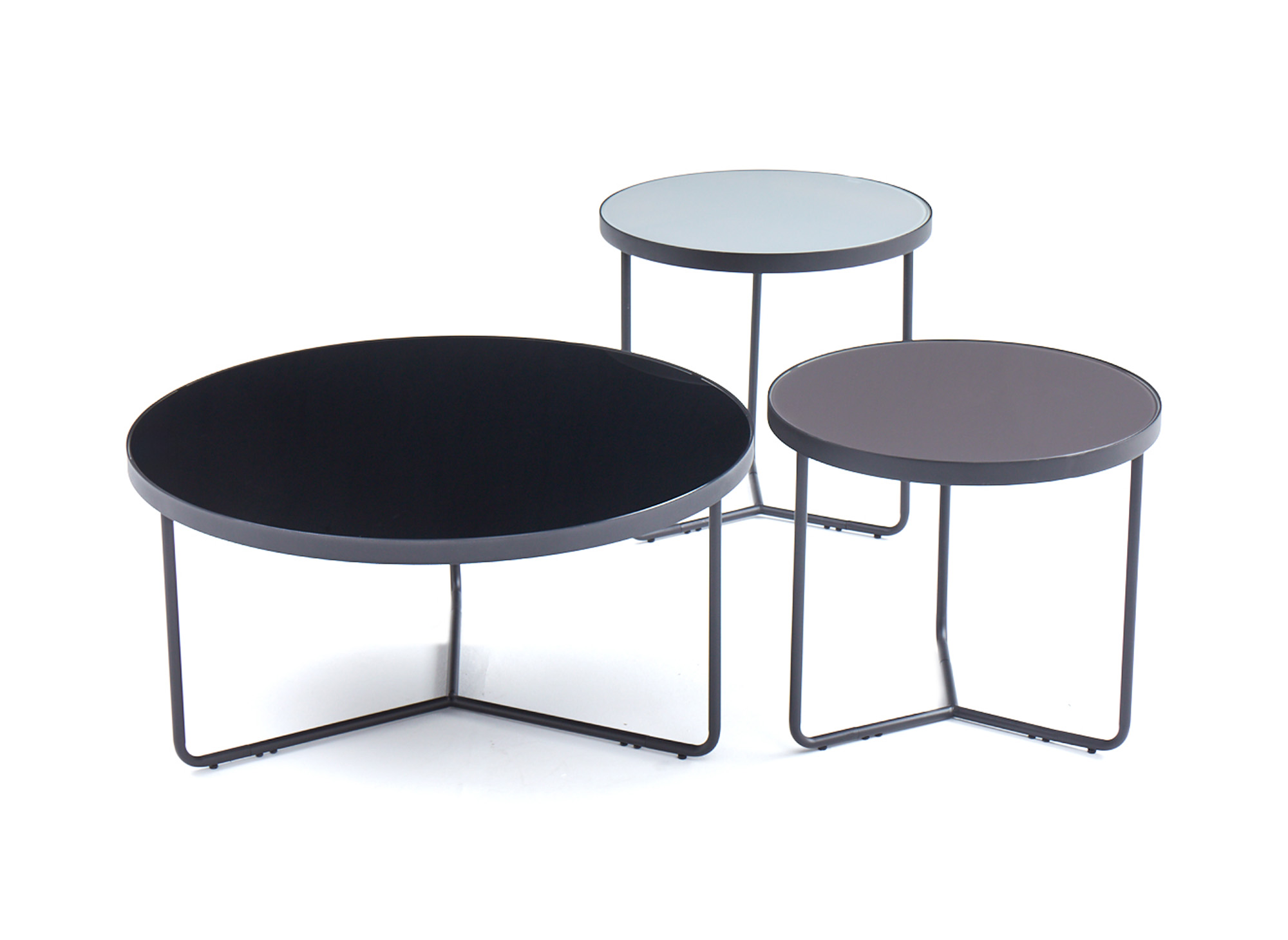 Lot de 3 tables basses rondes en verre et pieds métal noir JAKIE