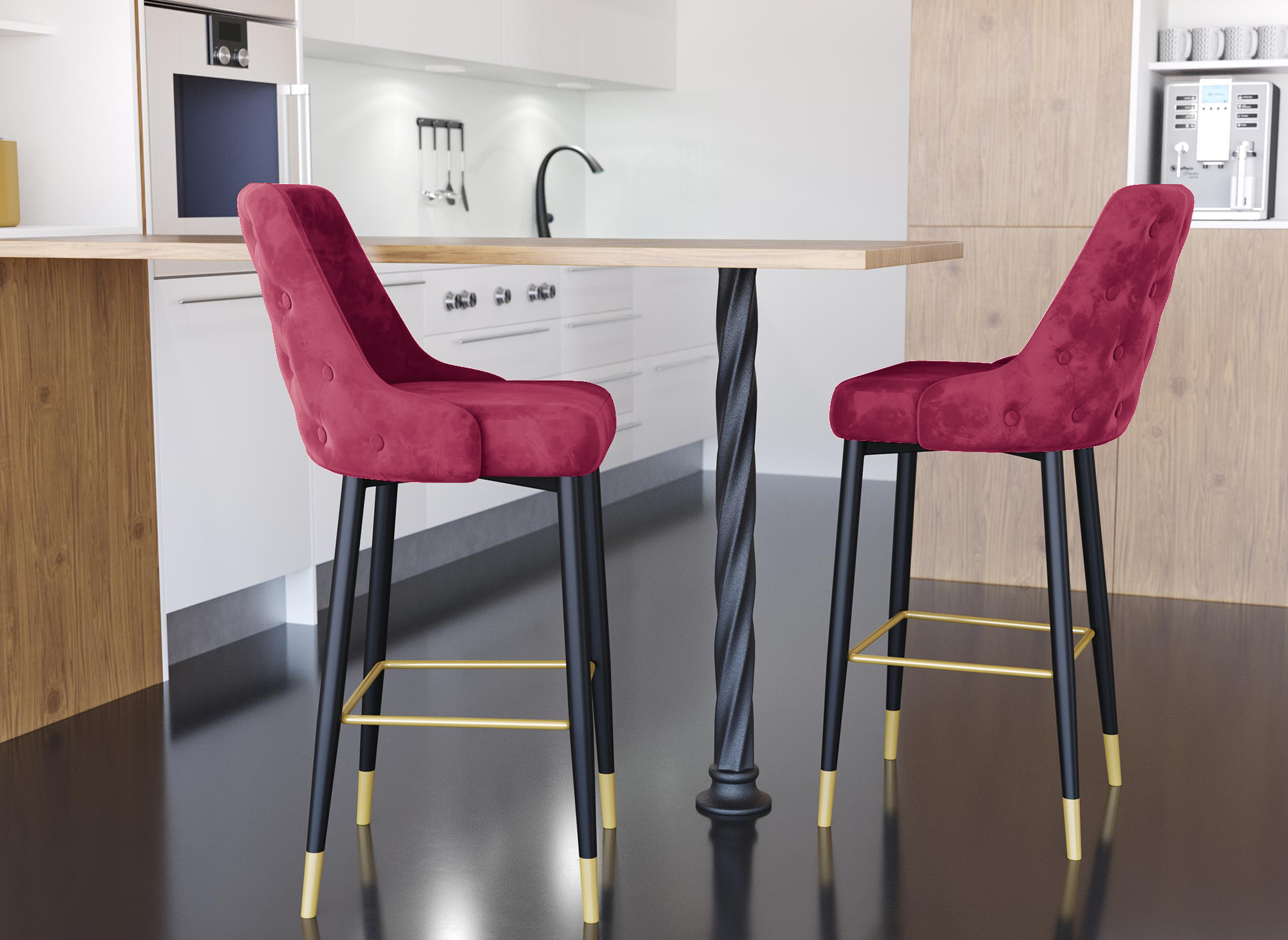 Lot de 2 tabourets de bar en velours rouge bordeaux DORINA