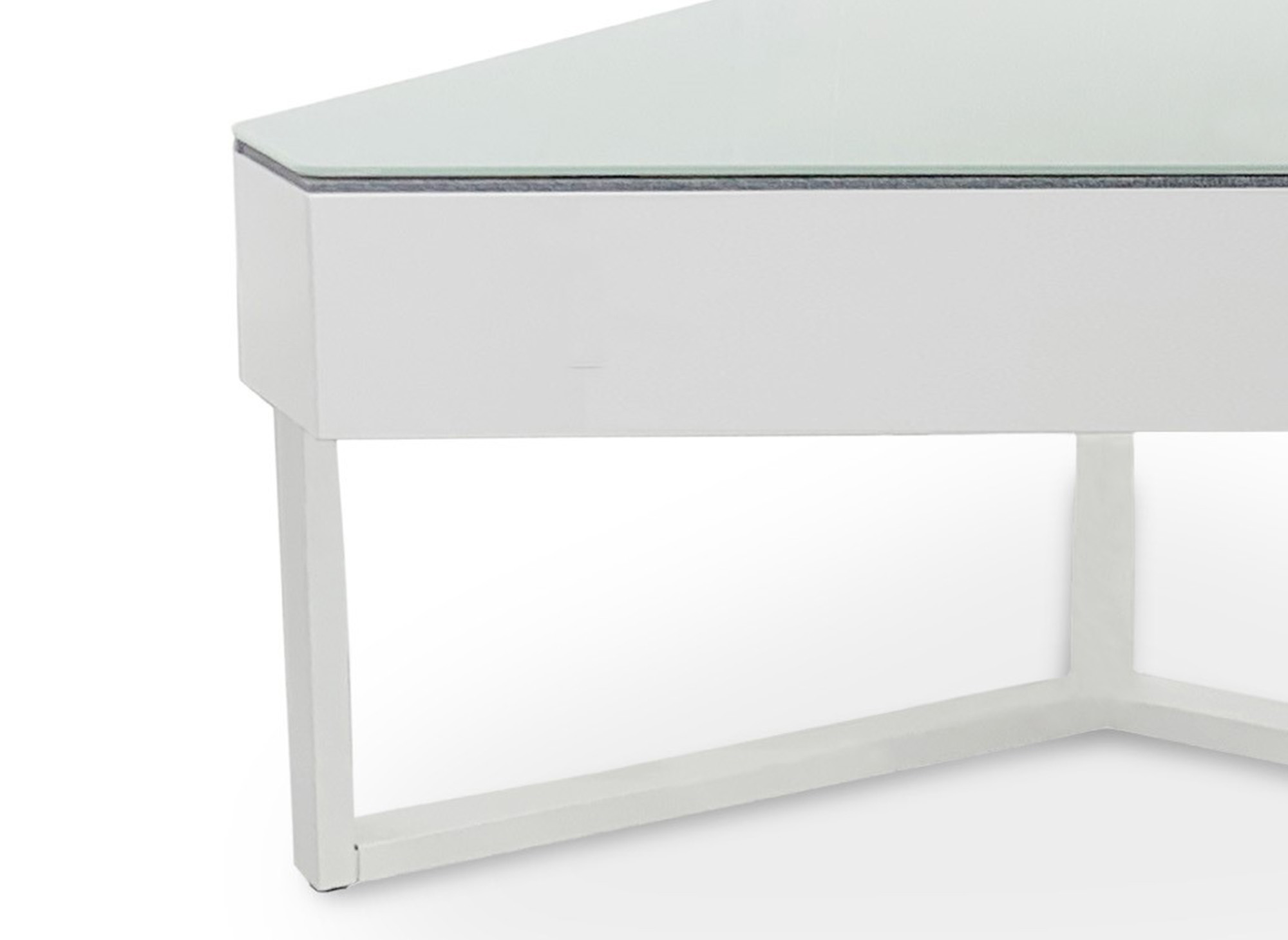 Table basse triangulaire blanche avec plateau pivotant et rangement SOLINE