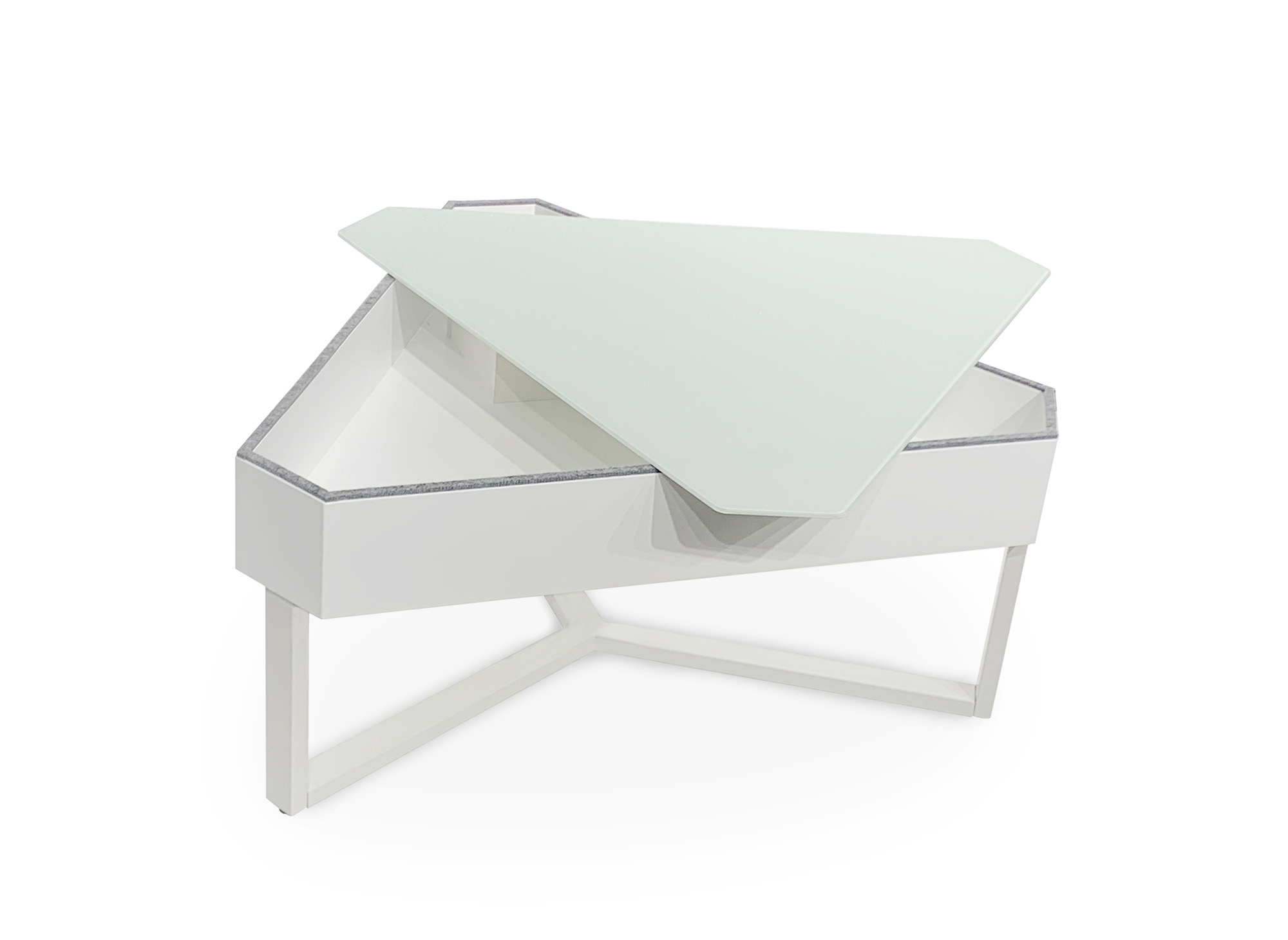 Table basse triangulaire blanche avec plateau pivotant et rangement SOLINE