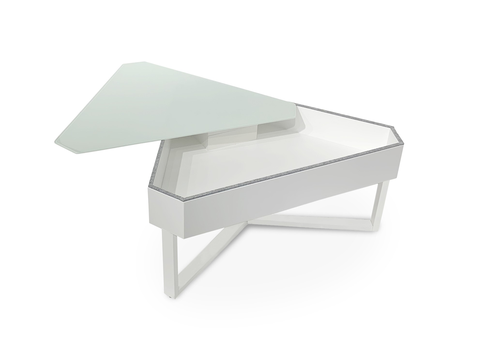 Table basse triangulaire blanche avec plateau pivotant et rangement SOLINE