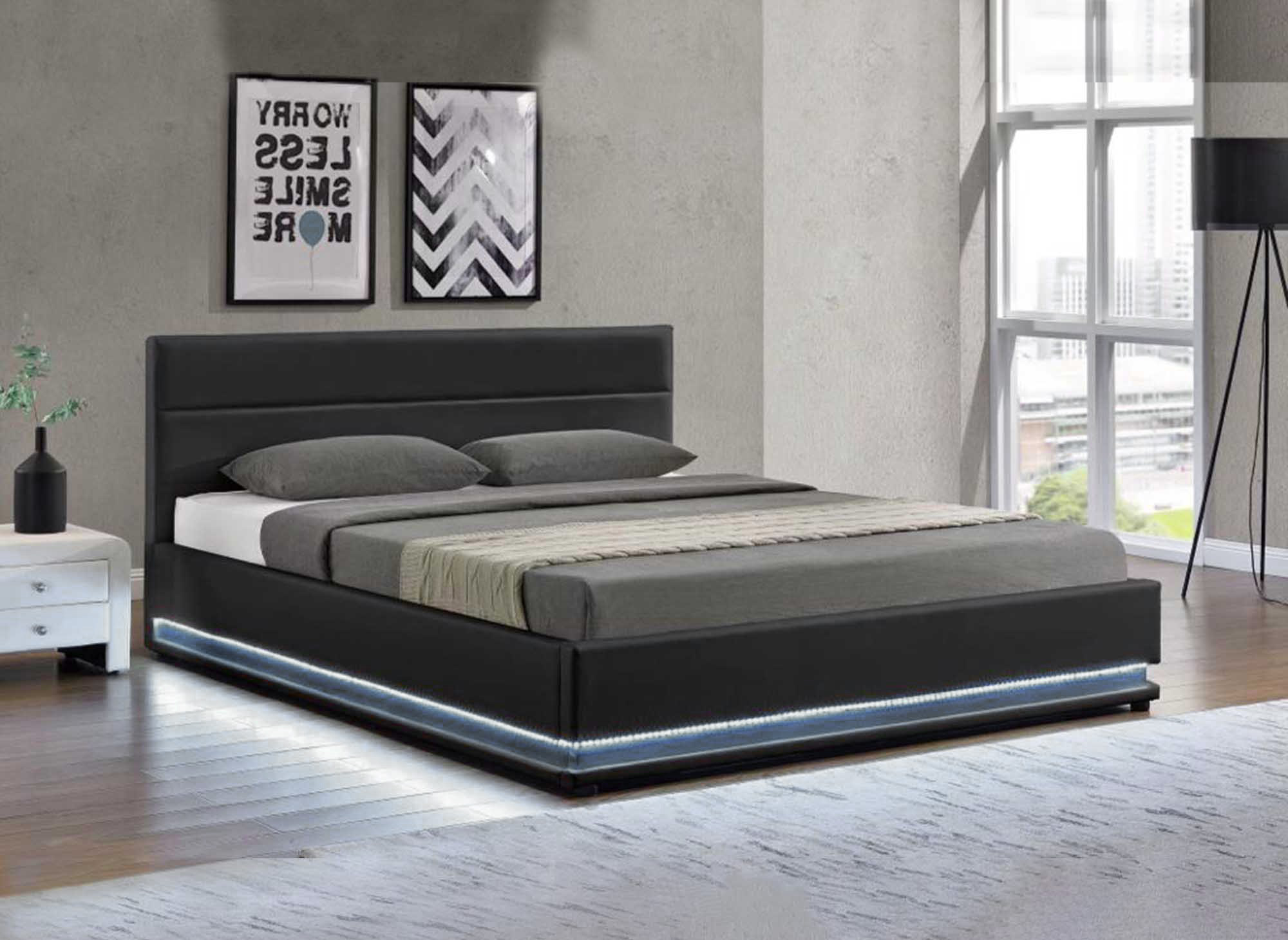 Lit coffre en simili cuir noir avec LED 140x190 cm ELENCE