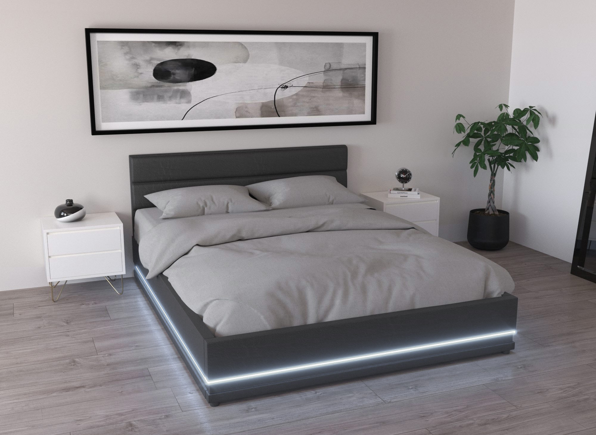 Lit coffre en simili cuir noir avec LED 140x190 cm ELENCE