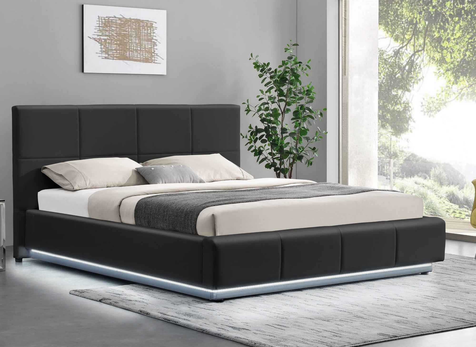 Lit coffre en simili cuir noir avec LED 160x200 cm DIVINE