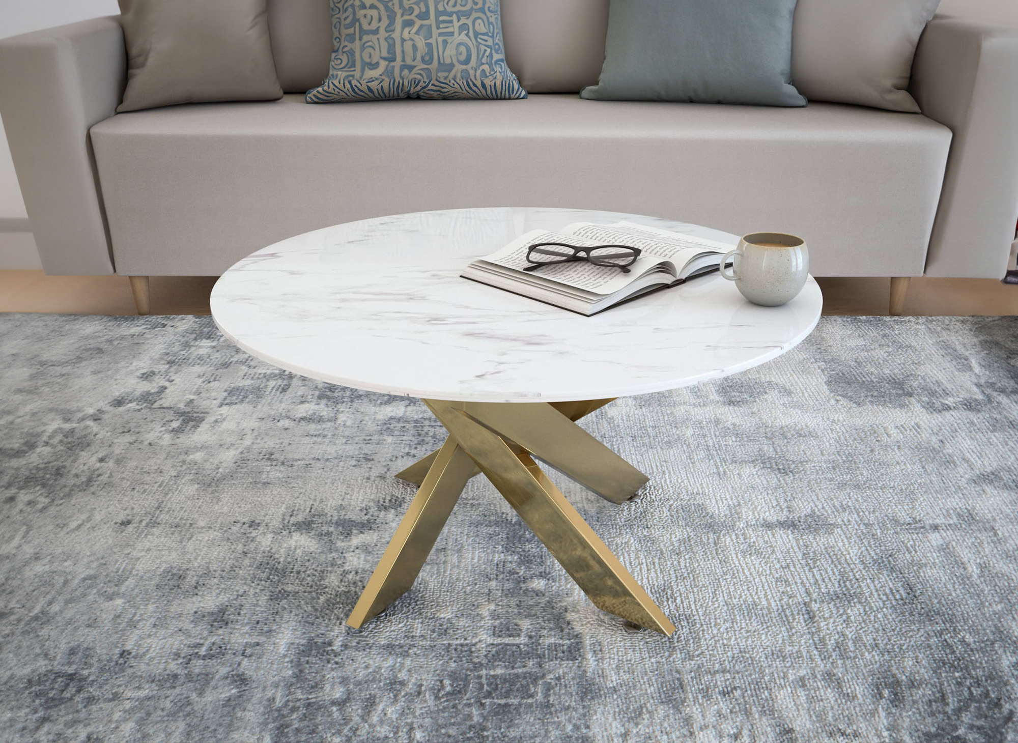 Table basse ronde design verre marbré et pieds dorés MELISSA