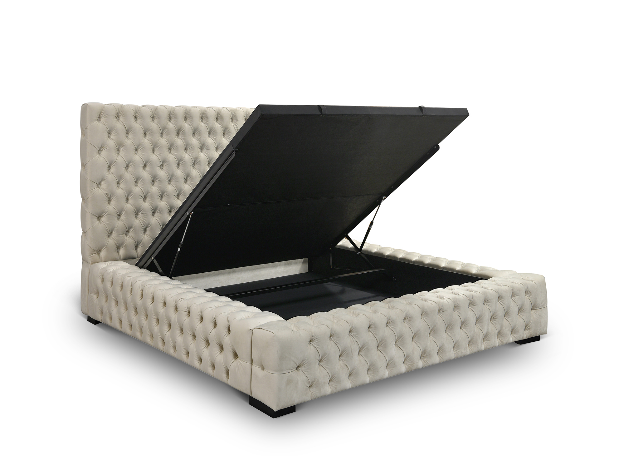 Lit coffre capitonné en velours beige IDALINE 140 x 190 cm