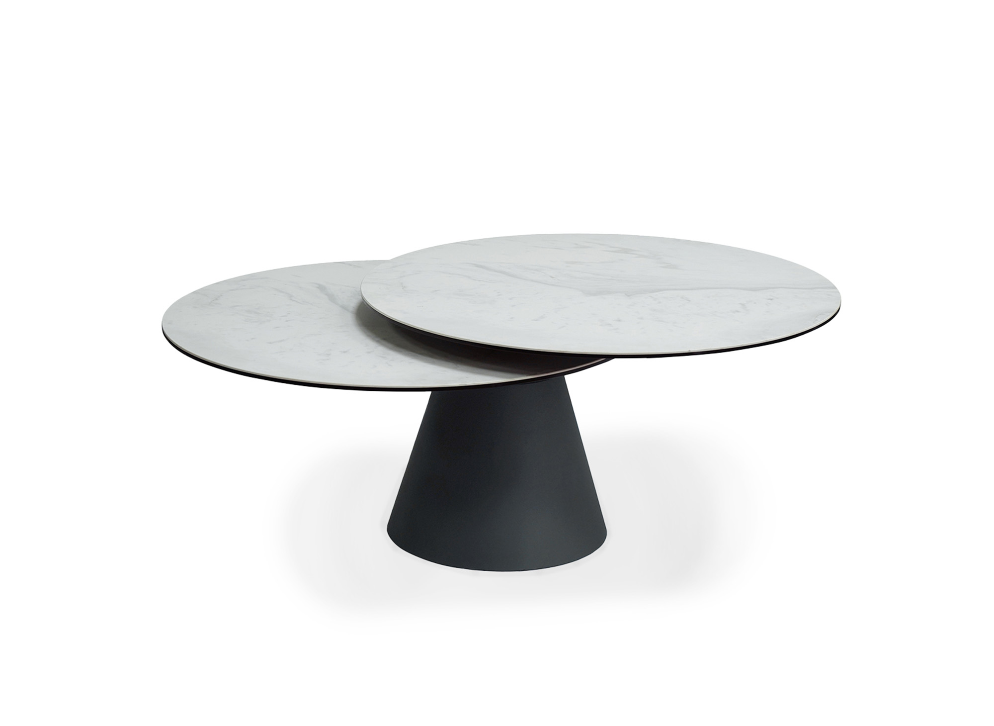 Table basse ronde à plateau pivotant en verre trempé et céramique effet marbre blanc SELENIA