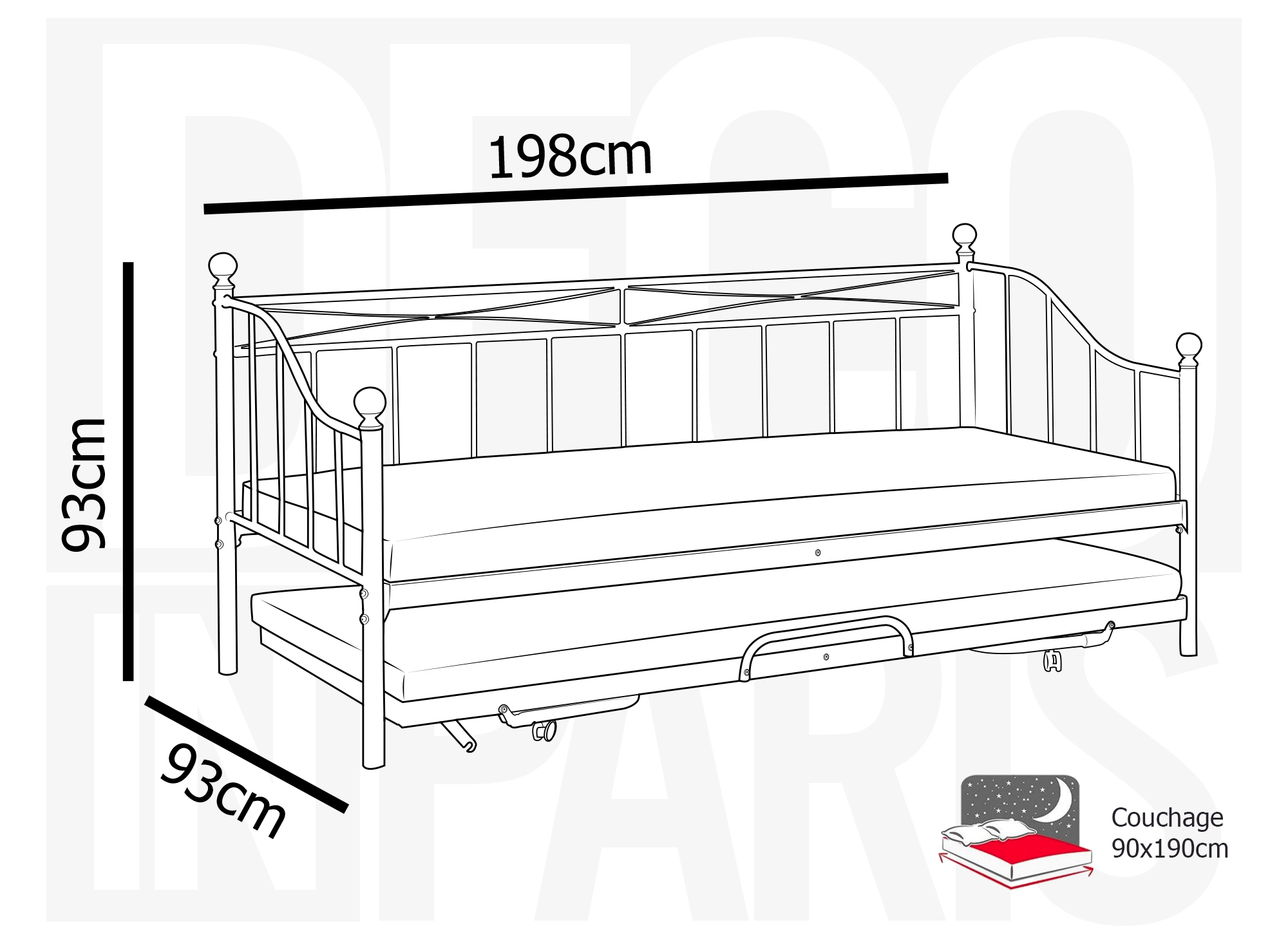 Lit banquette gigogne en métal noir ALICIA 90 x 190 cm