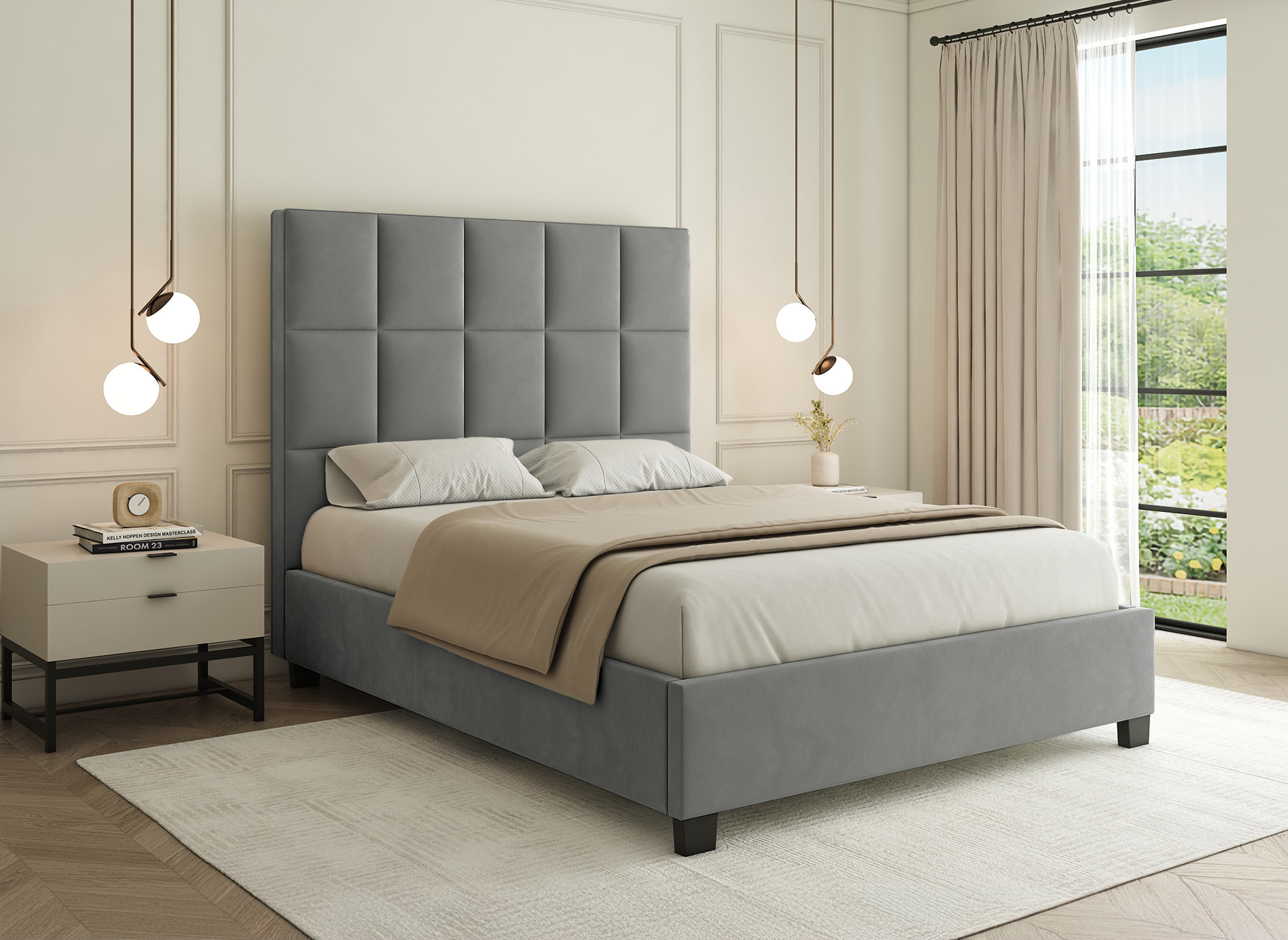 Lit coffre en velours gris design CAROLINE 160 x 200 cm