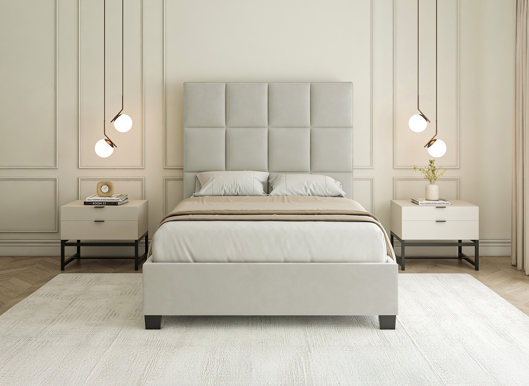 Lit coffre en velours beige design CAROLINE 140 x 190 cm
