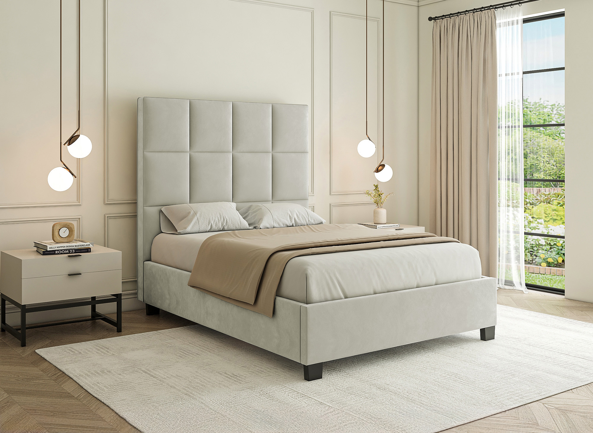 Lit coffre en velours beige design CAROLINE 140 x 190 cm