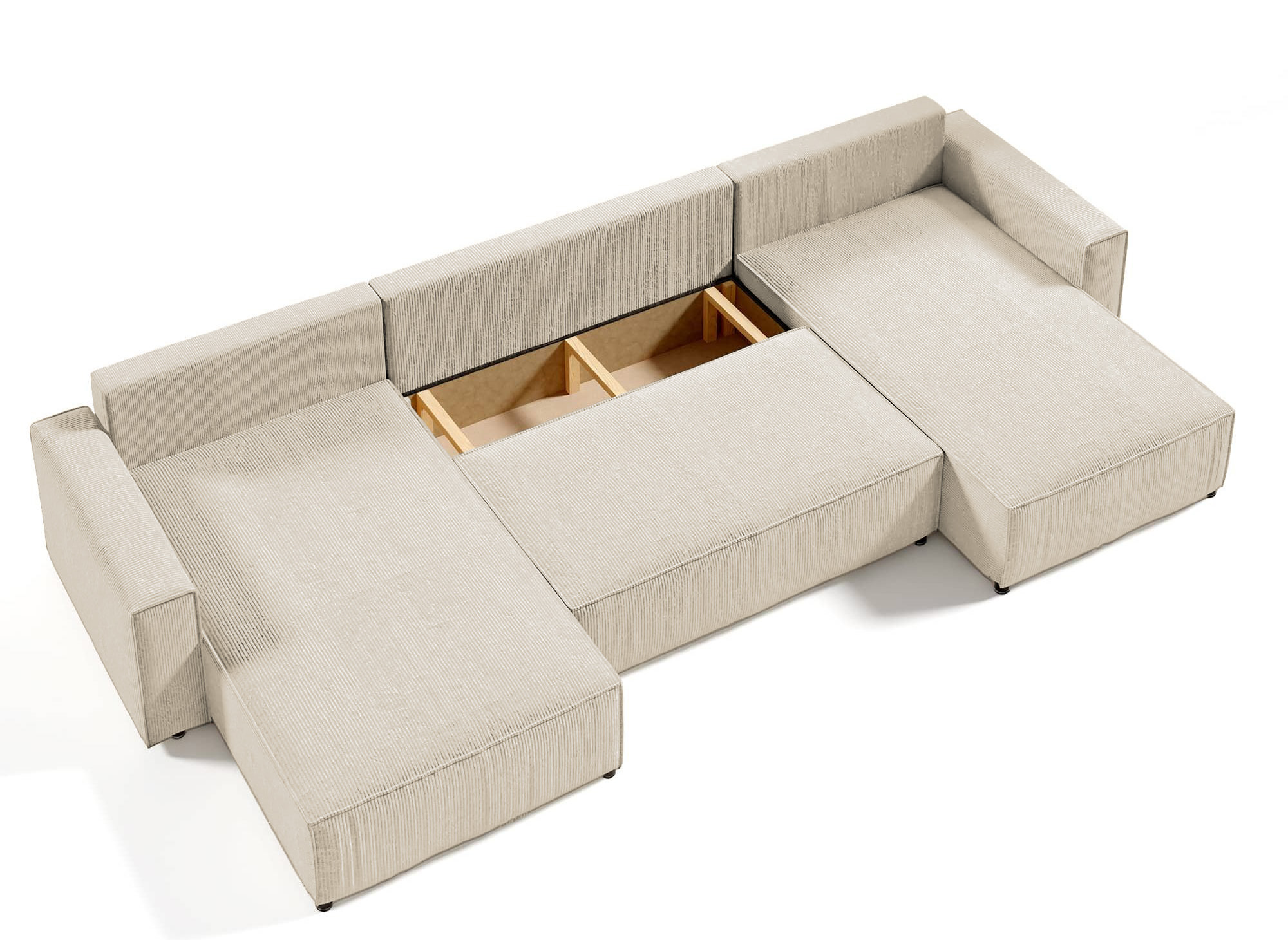 Canapé panoramique convertible avec coffre en velours côtelé beige - JADE