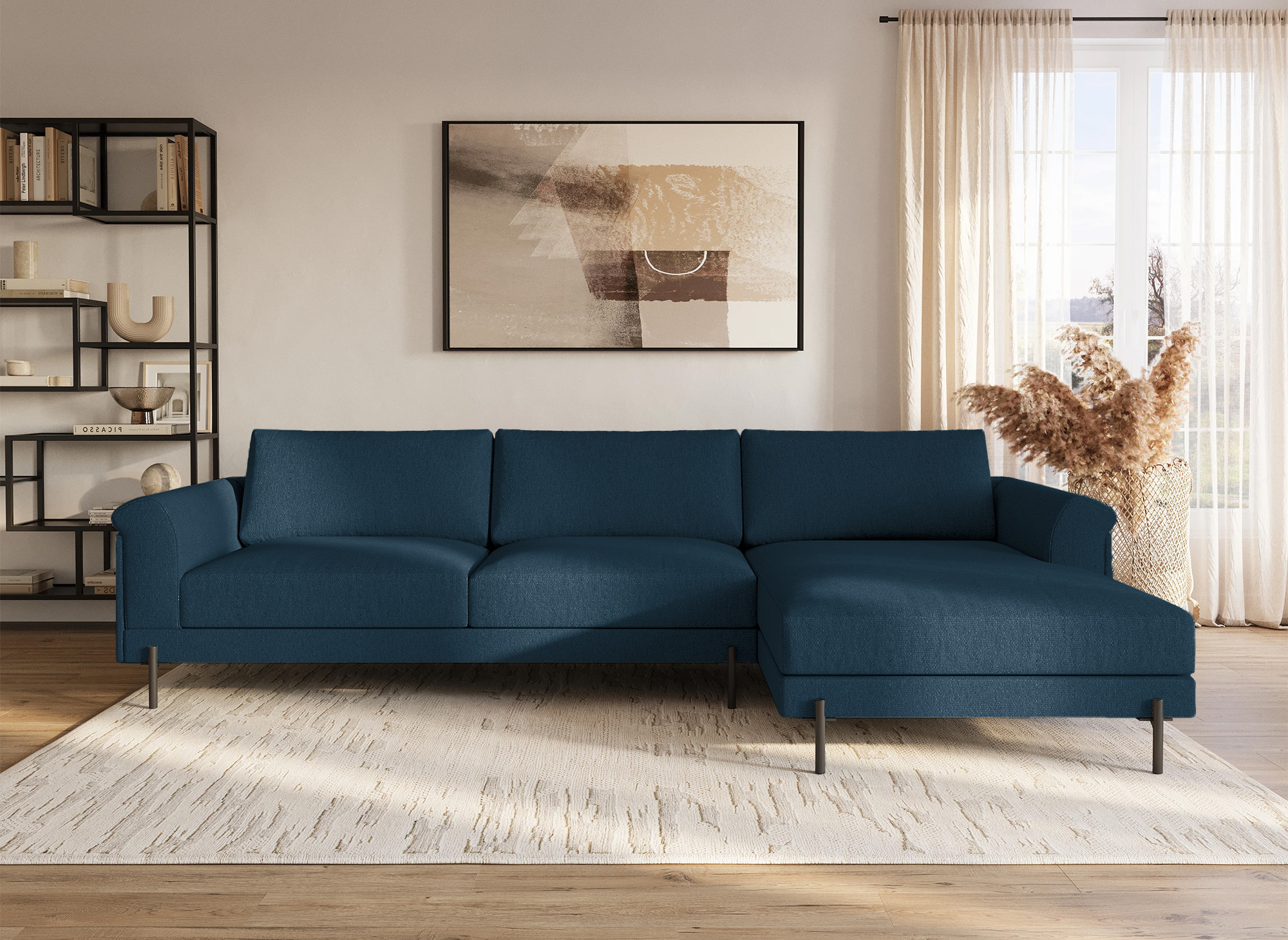 Canapé d'angle avec méridienne en tissu bleu LEIA - Angle Droit