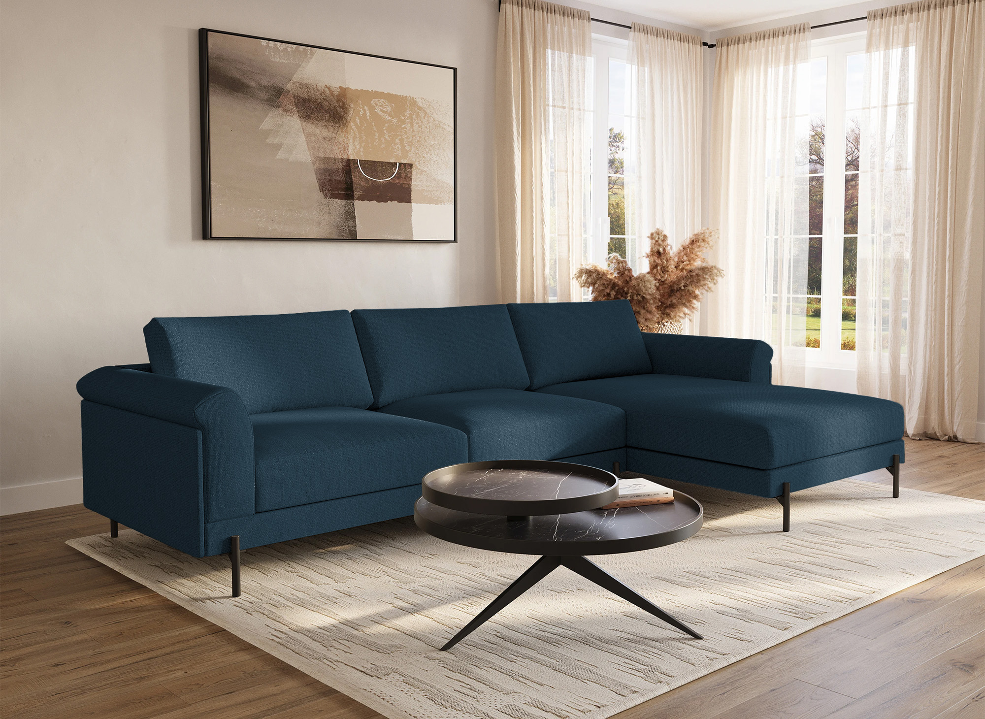 Canapé d'angle avec méridienne en tissu bleu LEIA - Angle Droit