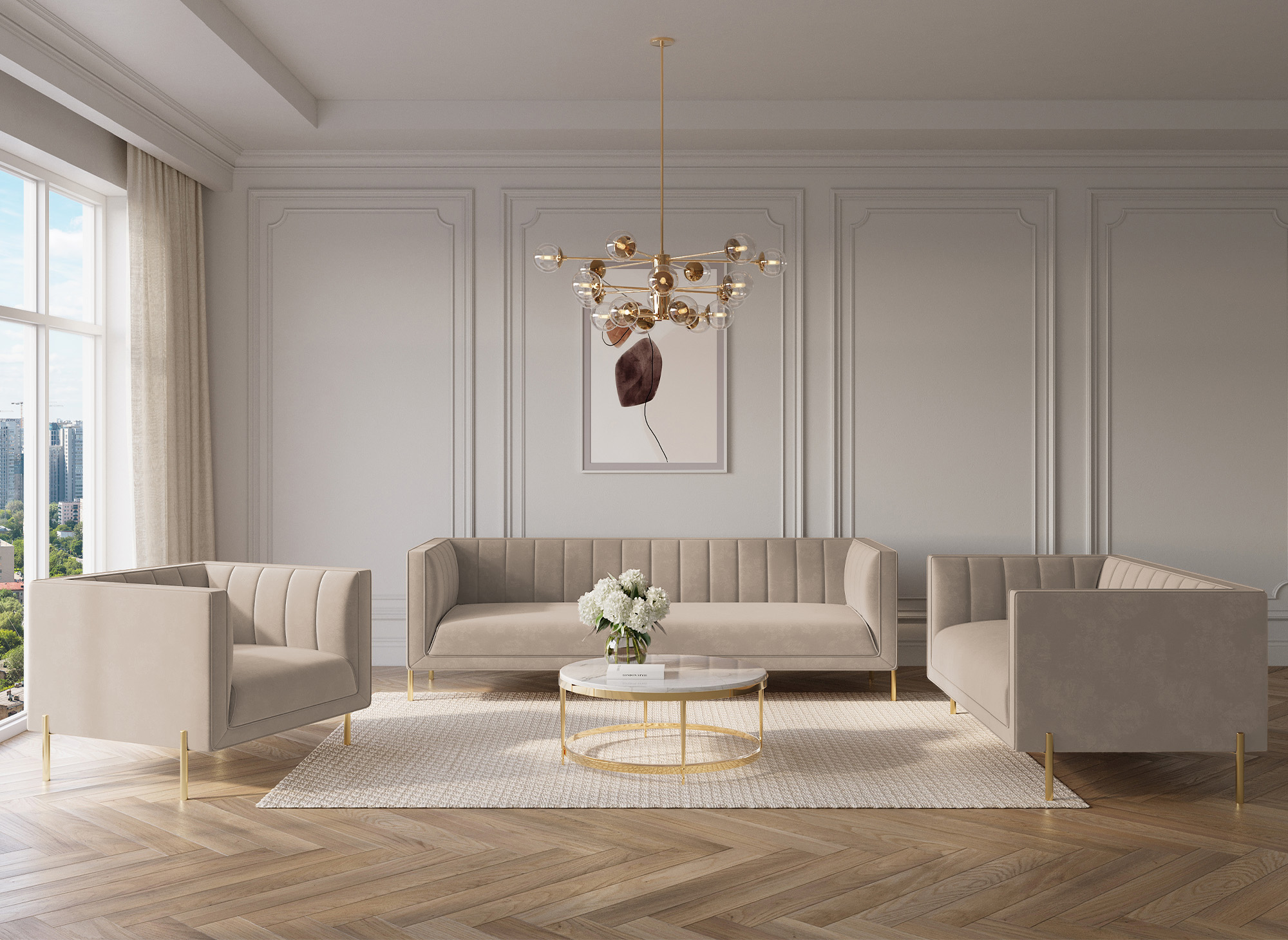 Fauteuil moderne en velours beige pieds doré ROBY