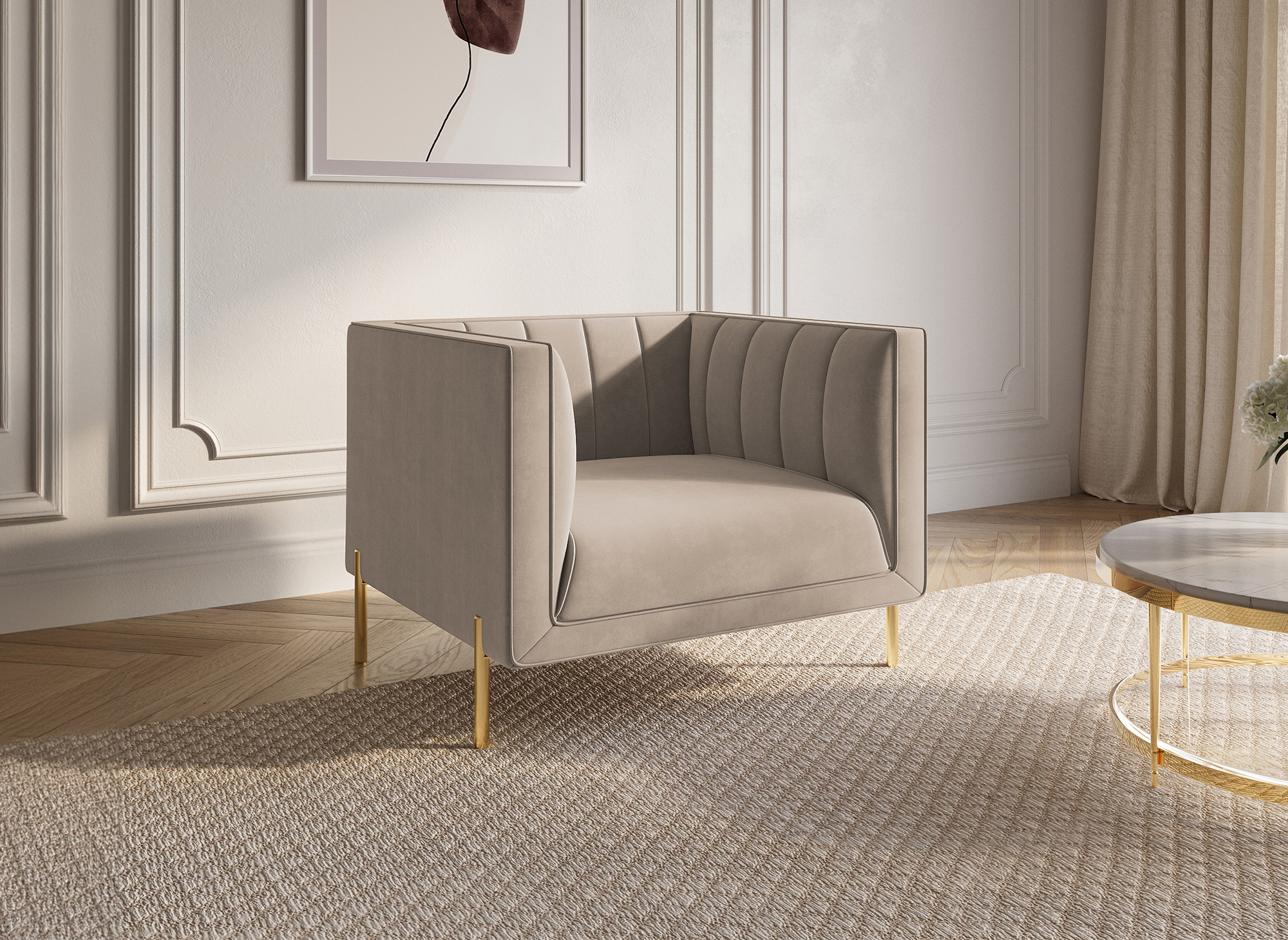 Fauteuil moderne en velours beige pieds doré ROBY