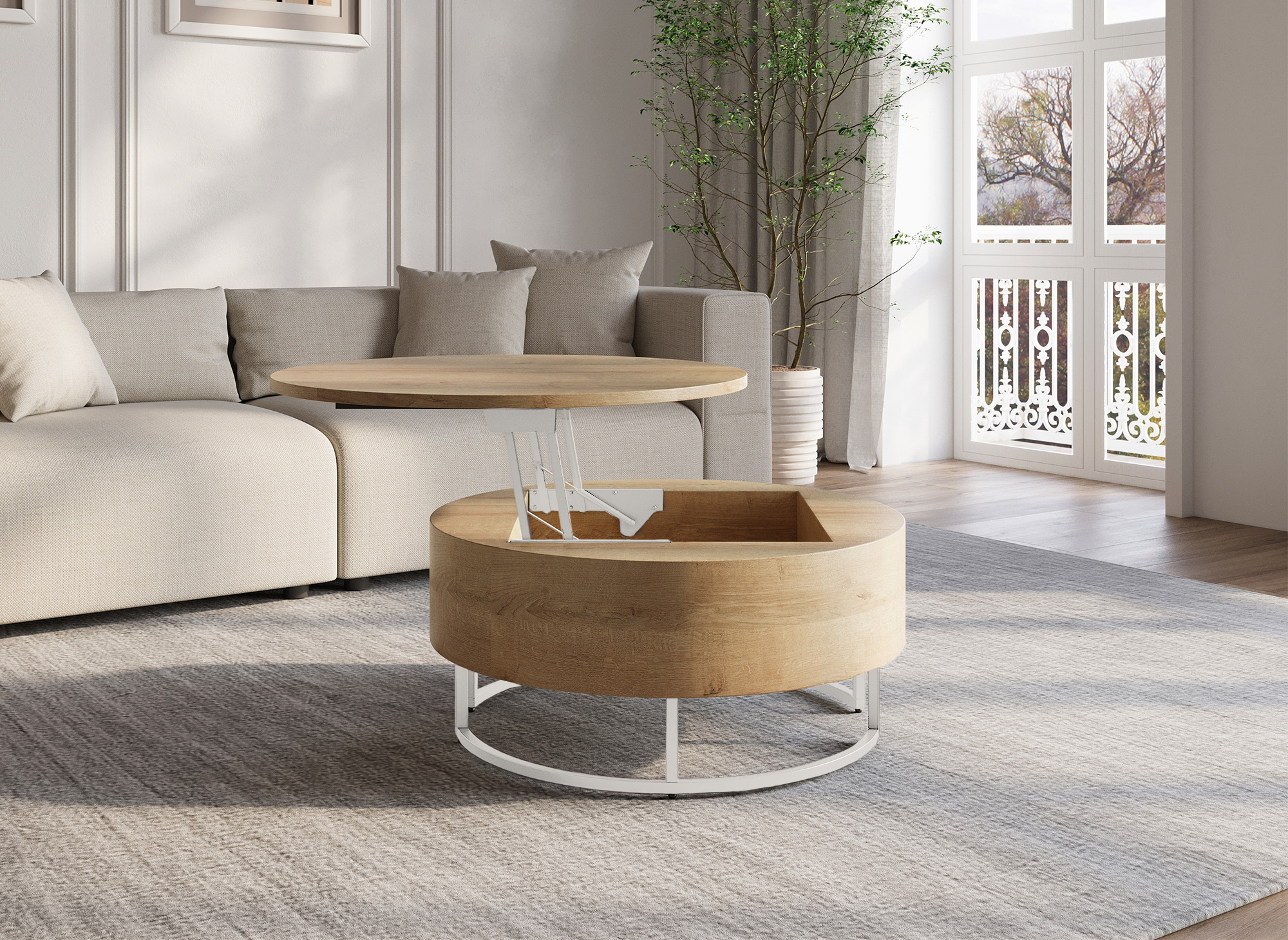 Table basse en bois avec plateau relevable et rangement pieds en métal blanc BILLIE