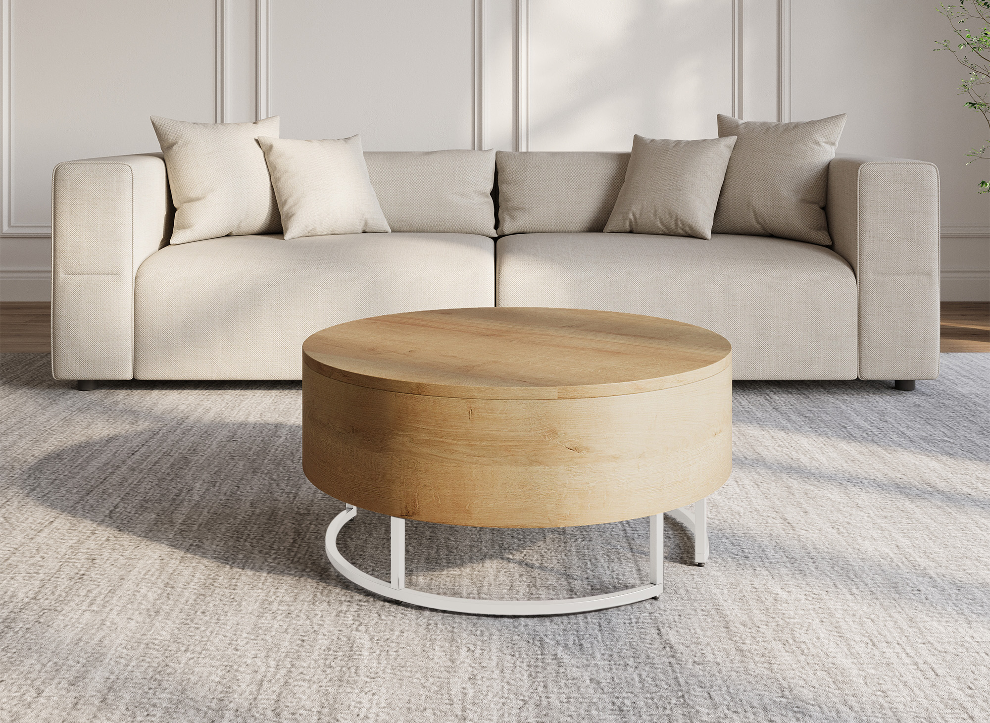 Table basse en bois avec plateau relevable et rangement pieds en métal blanc BILLIE