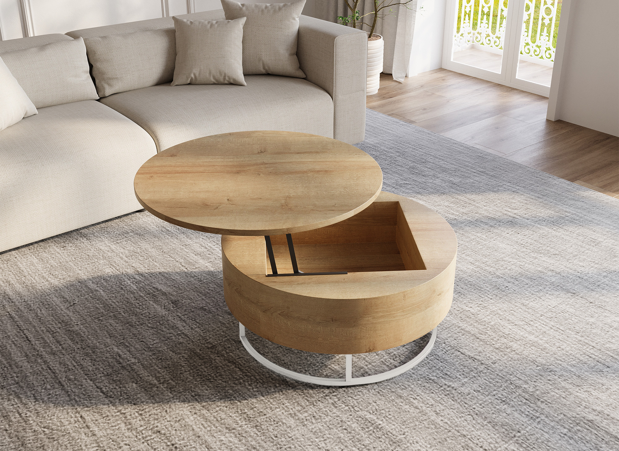 Table basse en bois avec plateau relevable et rangement pieds en métal blanc BILLIE
