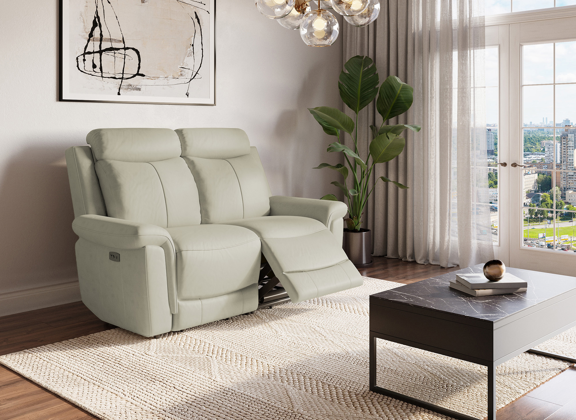 Canapé 2 places relax électrique en cuir beige ERNEST