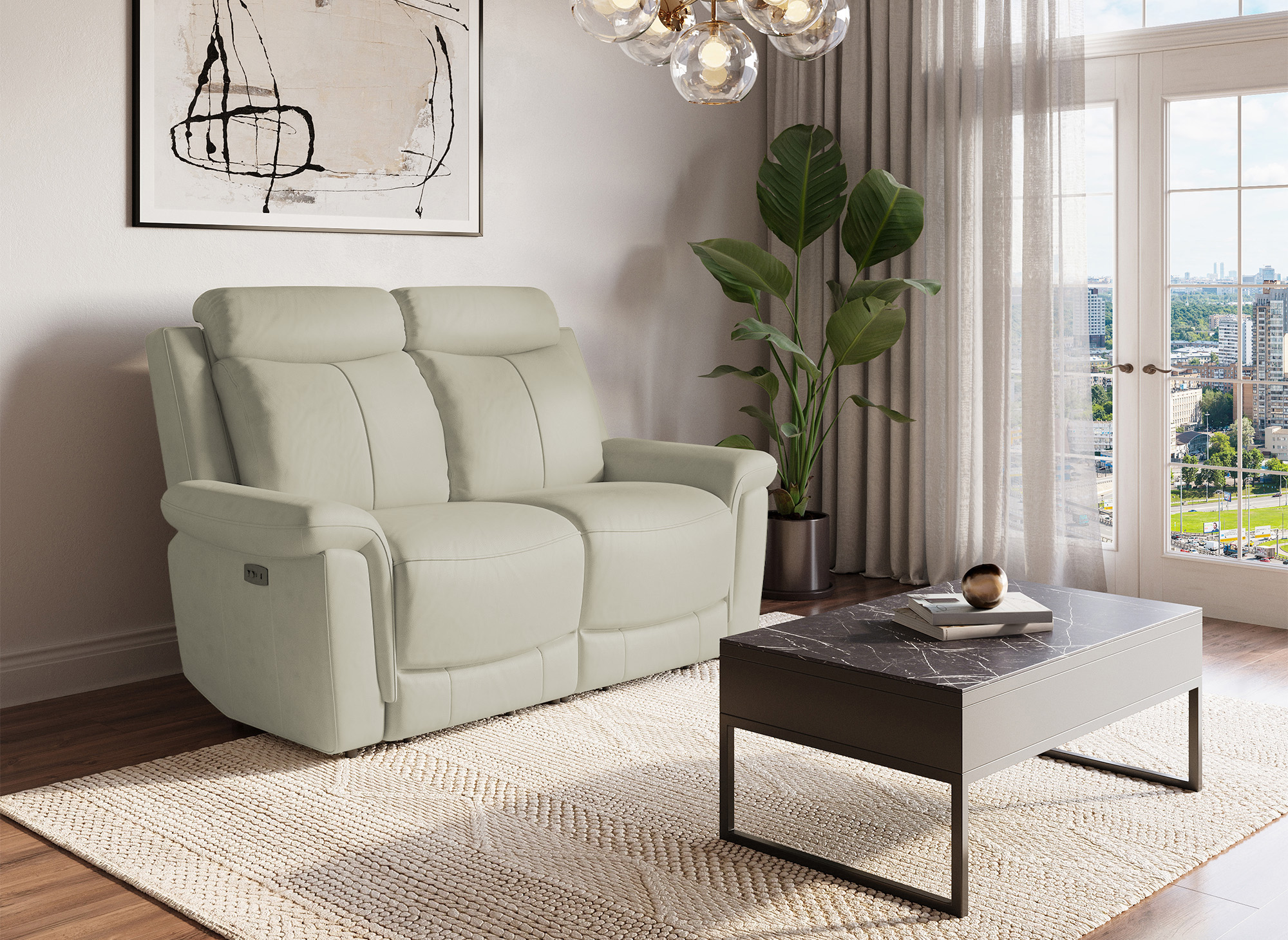 Canapé 2 places relax électrique en cuir beige ERNEST