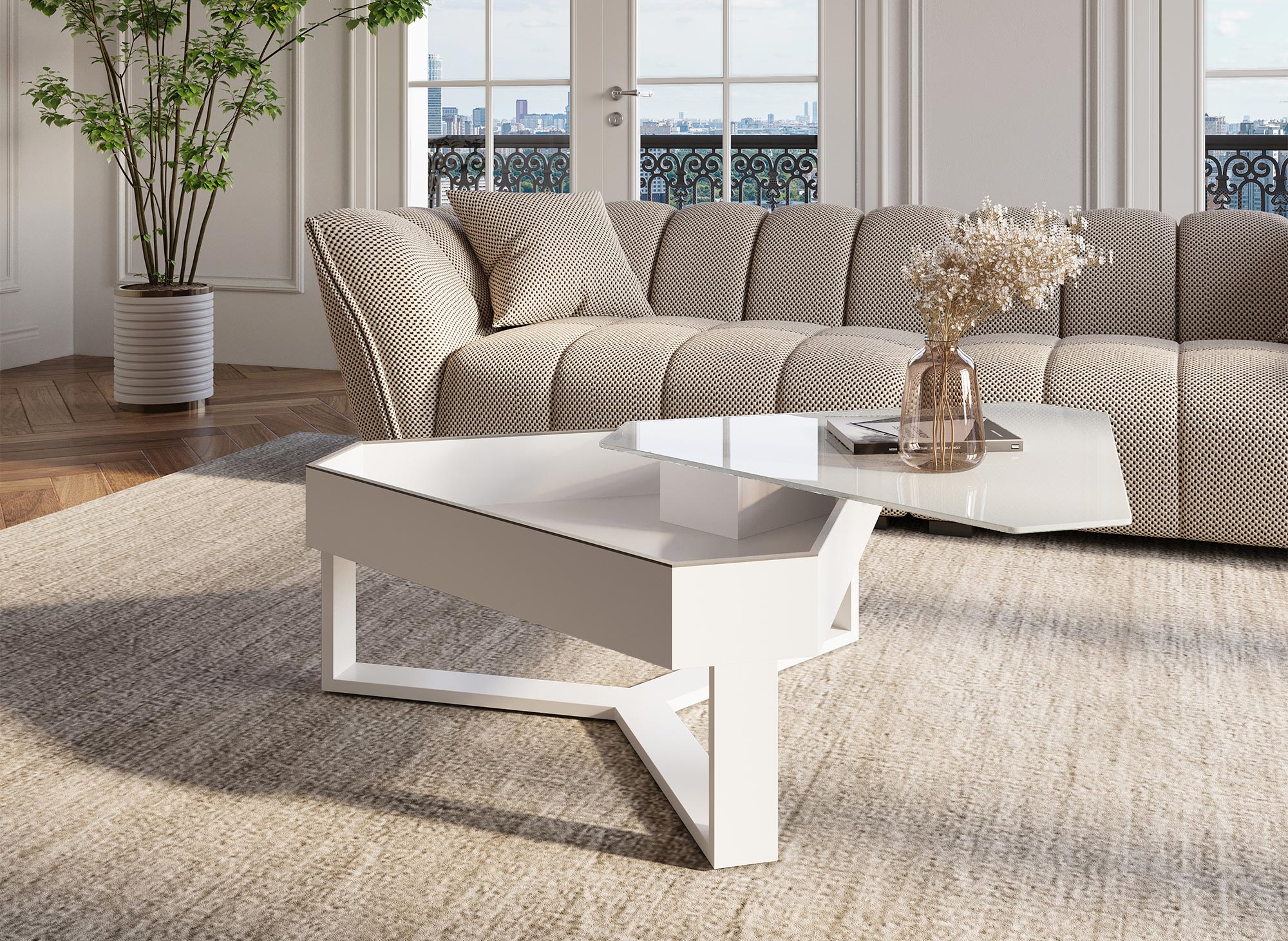 Table basse triangulaire blanche avec plateau pivotant et rangement SOLINE