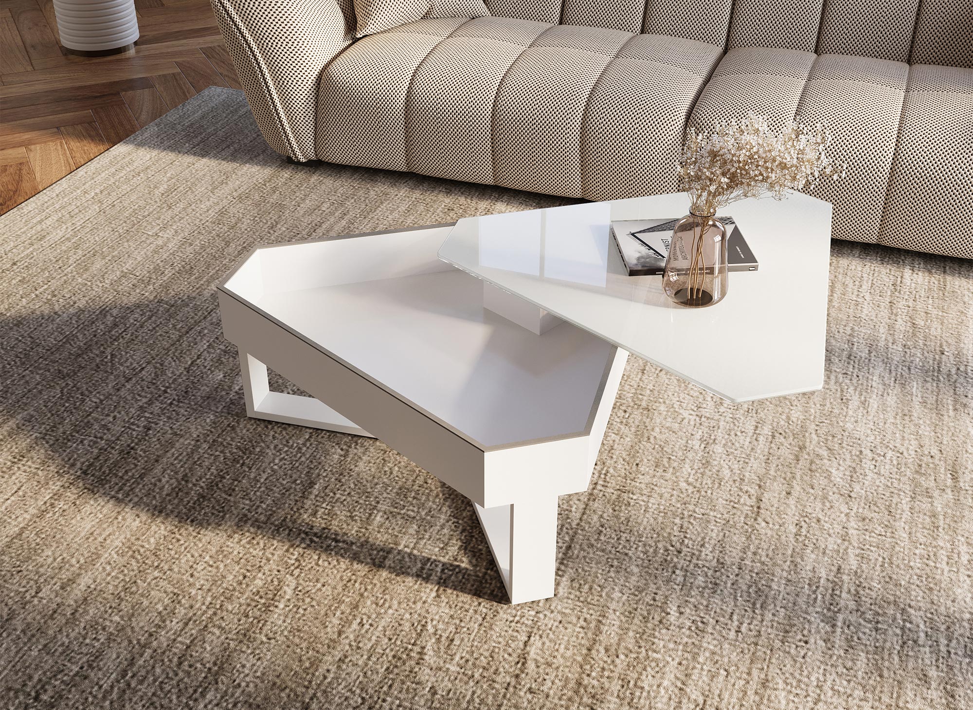 Table basse triangulaire blanche avec plateau pivotant et rangement SOLINE
