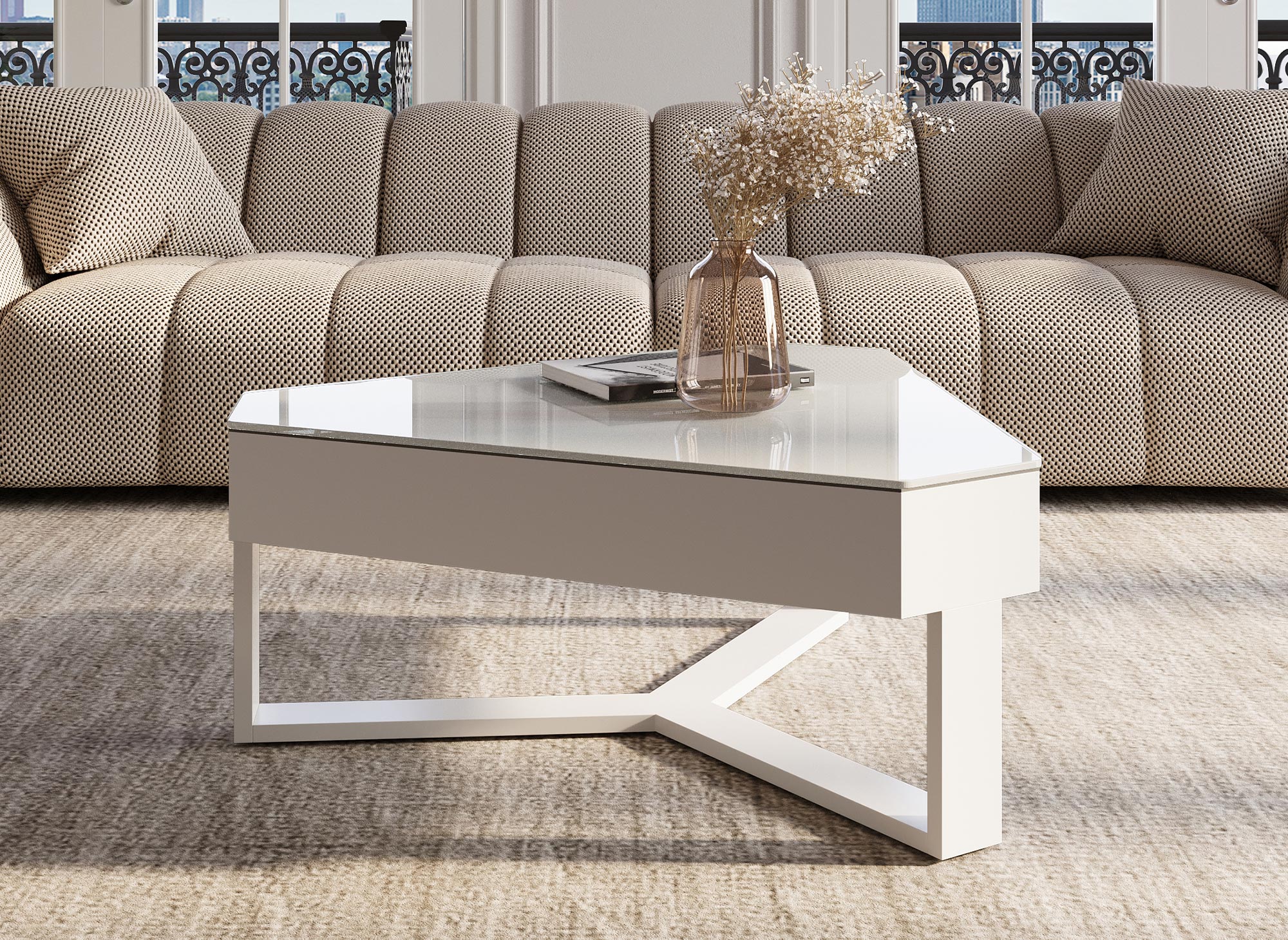Table basse triangulaire blanche avec plateau pivotant et rangement SOLINE