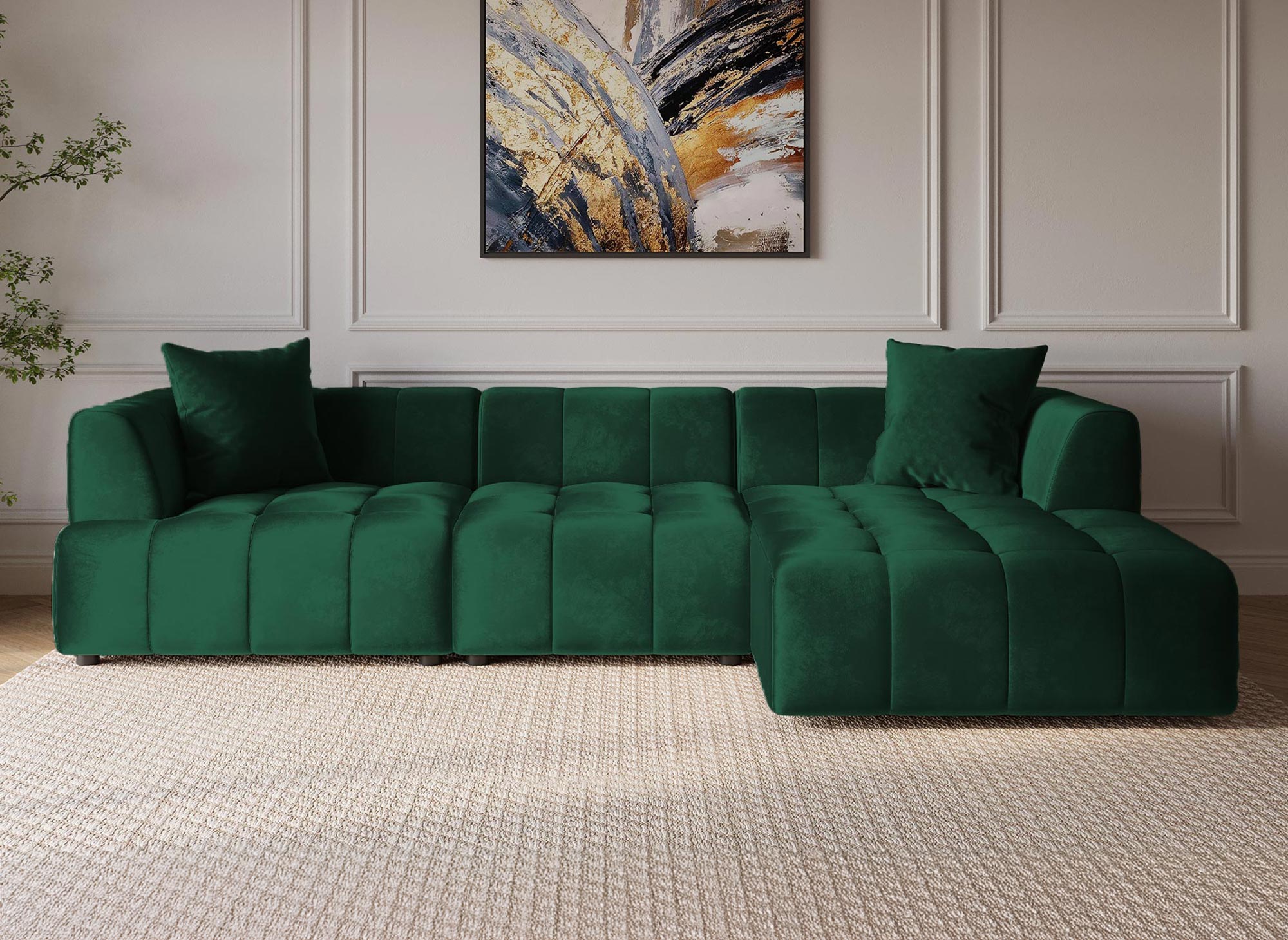 Canapé d'angle avec méridienne en velours vert KELIA - Angle Droit