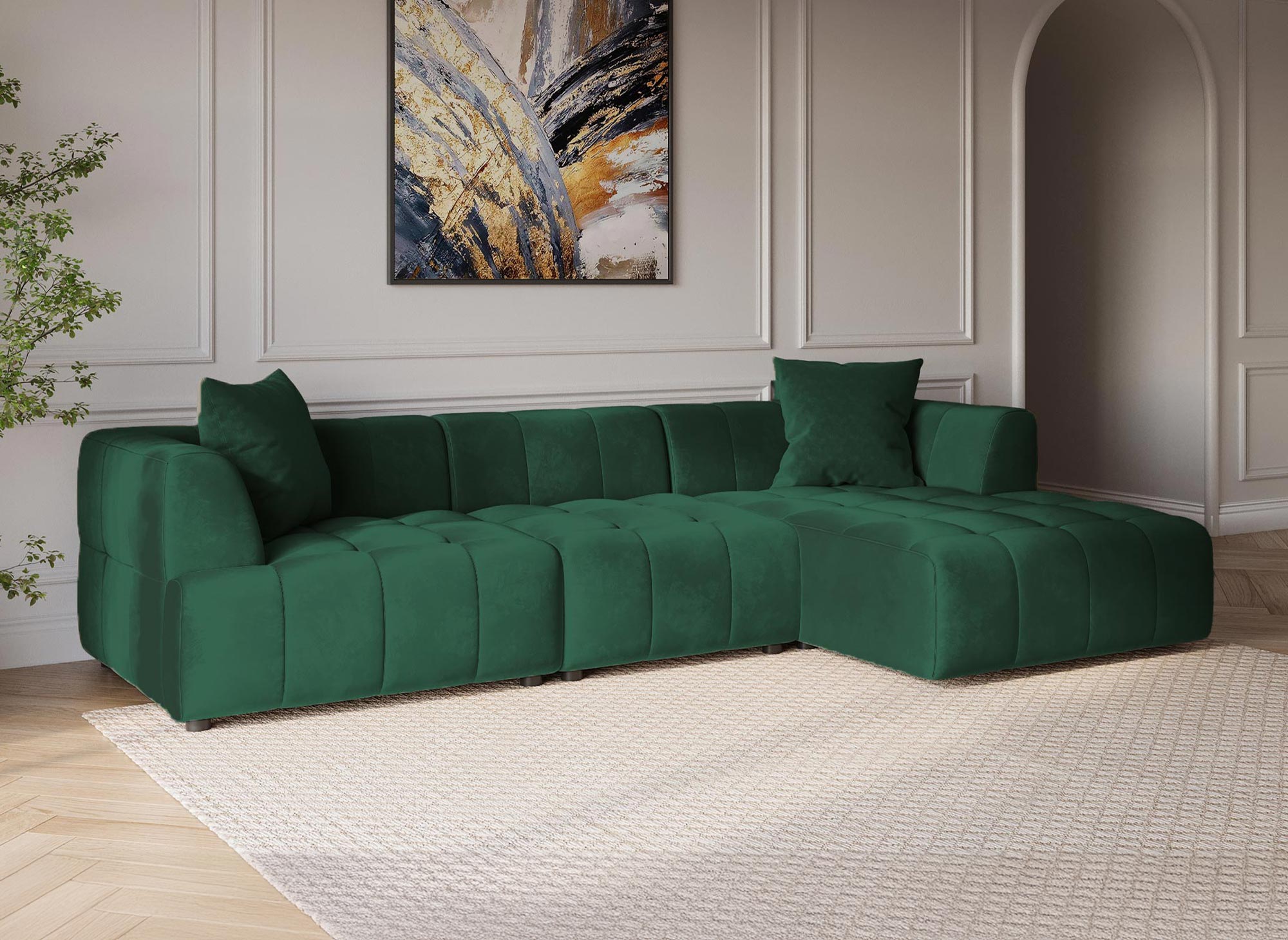 Canapé d'angle avec méridienne en velours vert KELIA - Angle Droit