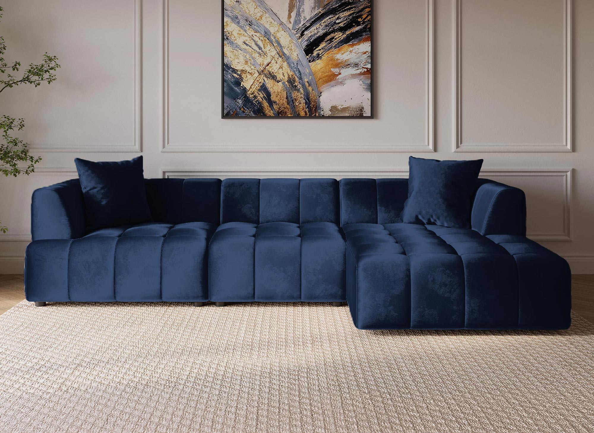 Canapé d'angle avec méridienne en velours bleu KELIA - Angle Droit