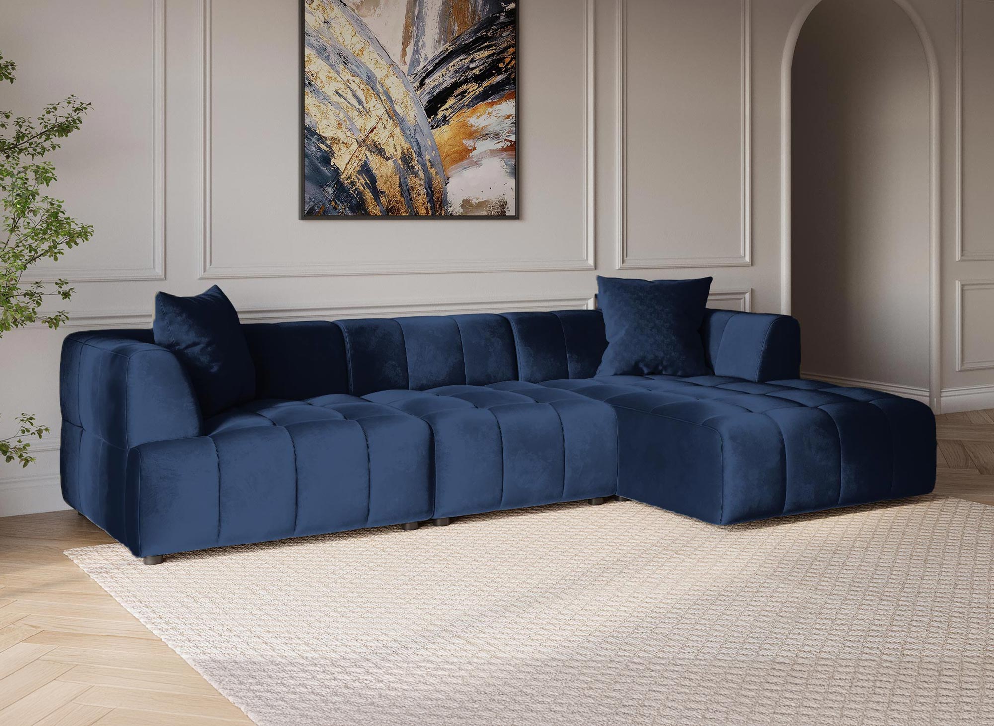 Canapé d'angle avec méridienne en velours bleu KELIA - Angle Droit