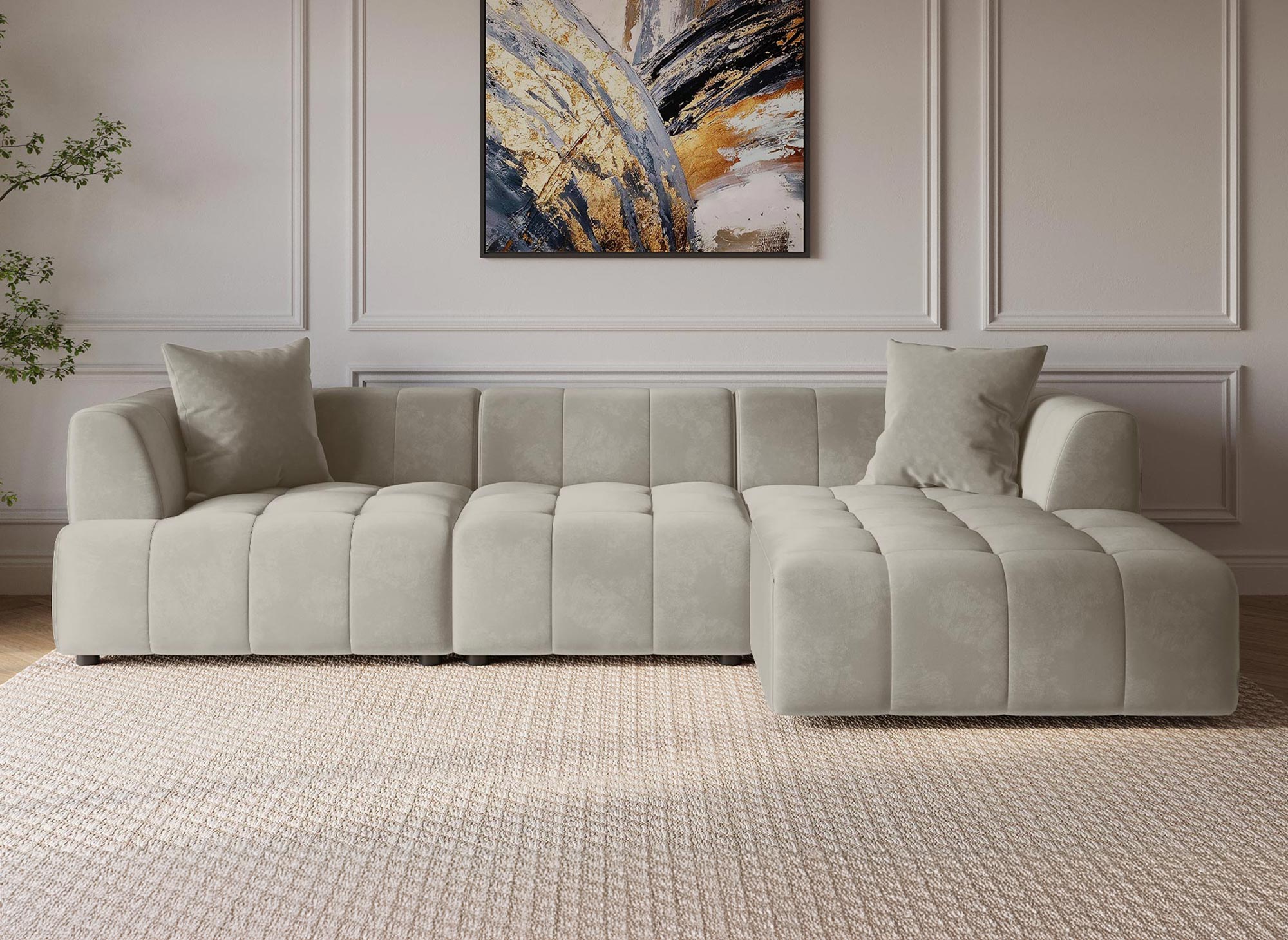 Canapé d'angle avec méridienne en velours beige KELIA - Angle Droit
